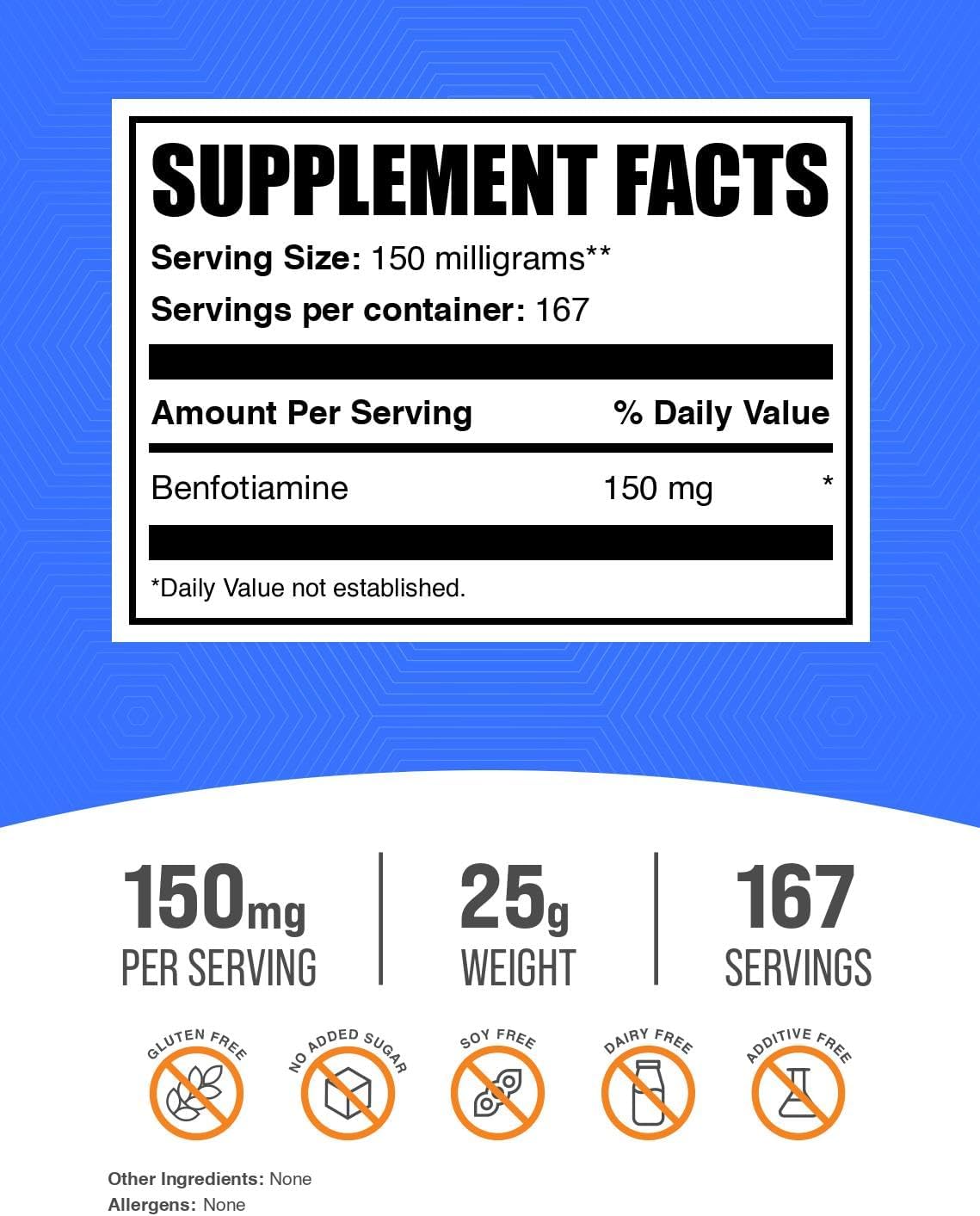 Benfotiamine Powder 150mg - Gluten Free Thiamine B1 Supplement - Pack of 1 - 25g (0.88 oz) - Benfotiamine Supplement
