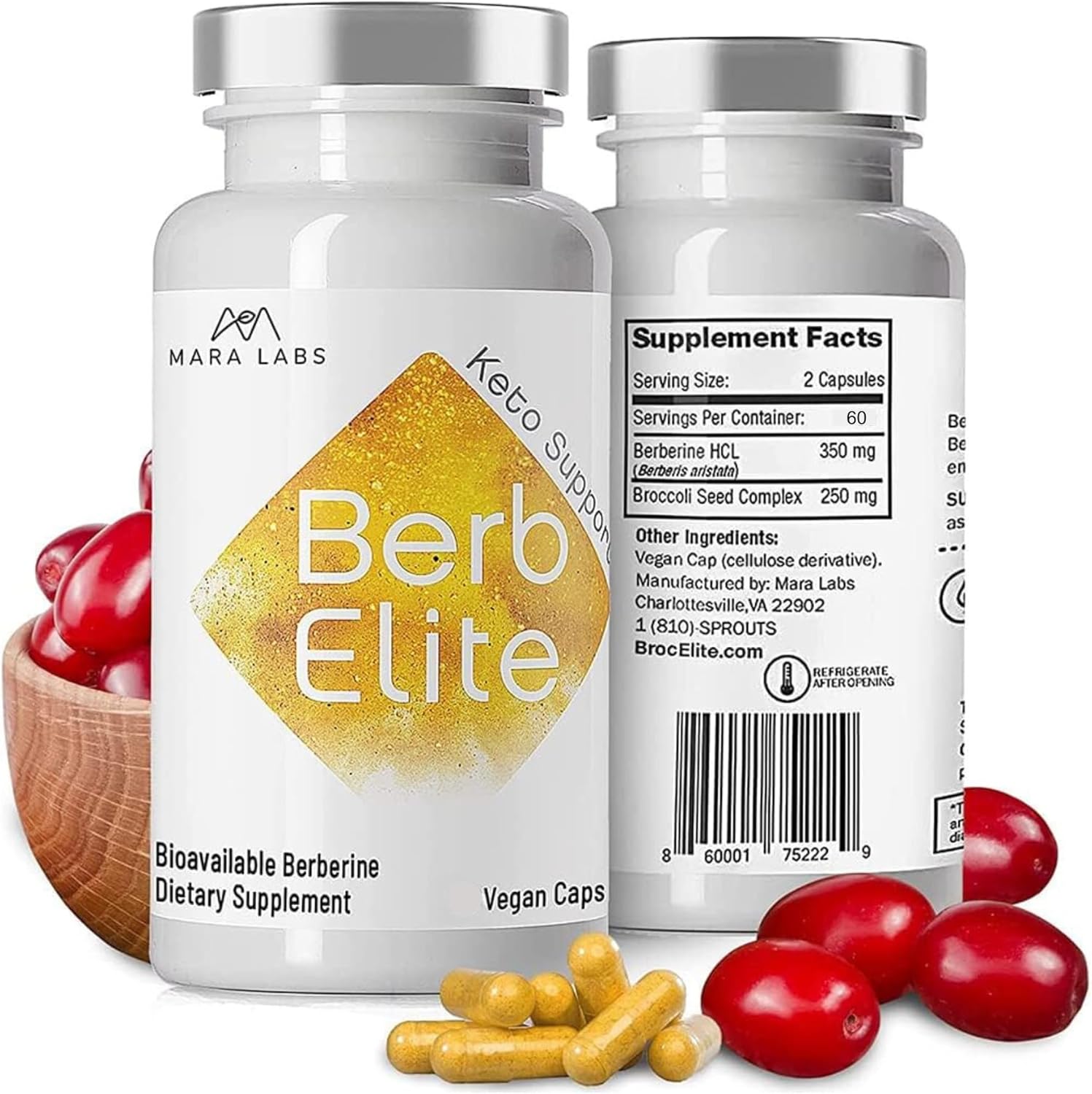 BerbElite BrocElite Supplement by Mara Labs | 350mg Berberine HCL & Broccoli Seed Complex | Enhanced Bioavailability | 60 Servings