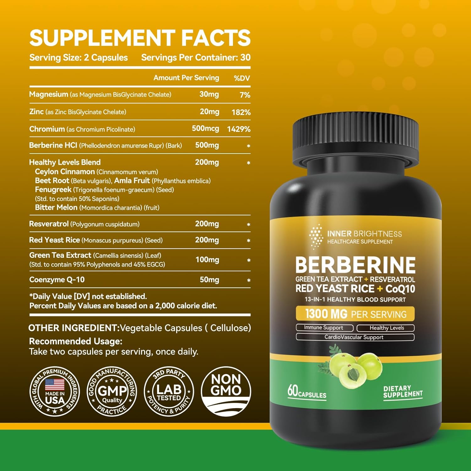 Berberine 1300mg with Green Tea Extract, Resveratrol, CoQ10 & Colostrum Supplement Powder - Metabolic & Gut Health Support, Immune Boost - 30 Servings