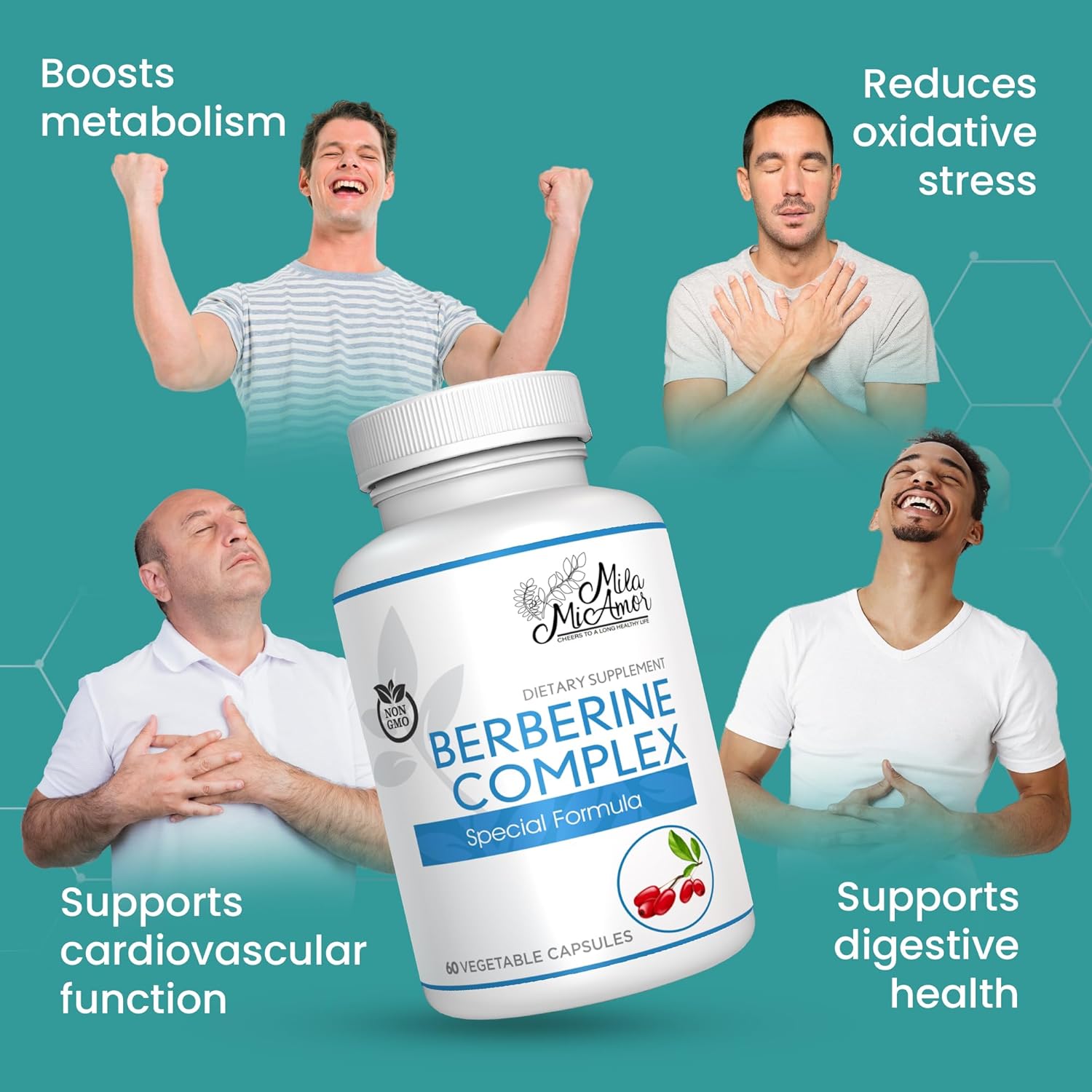 Berberine Complex HCL 500mg Capsules with Melon Fruit & Banaba Leaf - Non-GMO Heart, Cognitive & GI Health Supplement - Made in USA - 60 Count