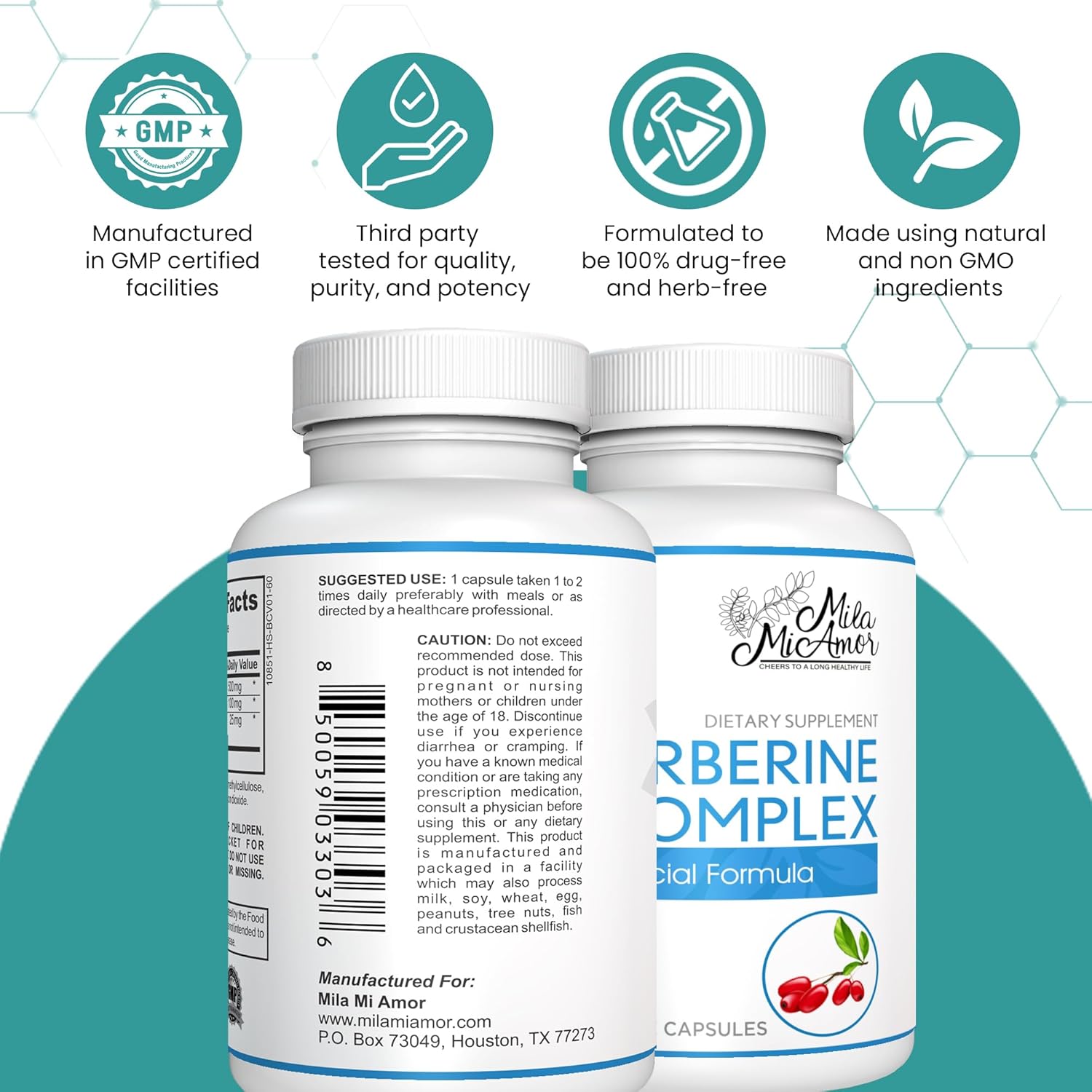 Berberine Complex HCL 500mg Capsules with Melon Fruit & Banaba Leaf - Non-GMO Heart, Cognitive & GI Health Supplement - Made in USA - 60 Count