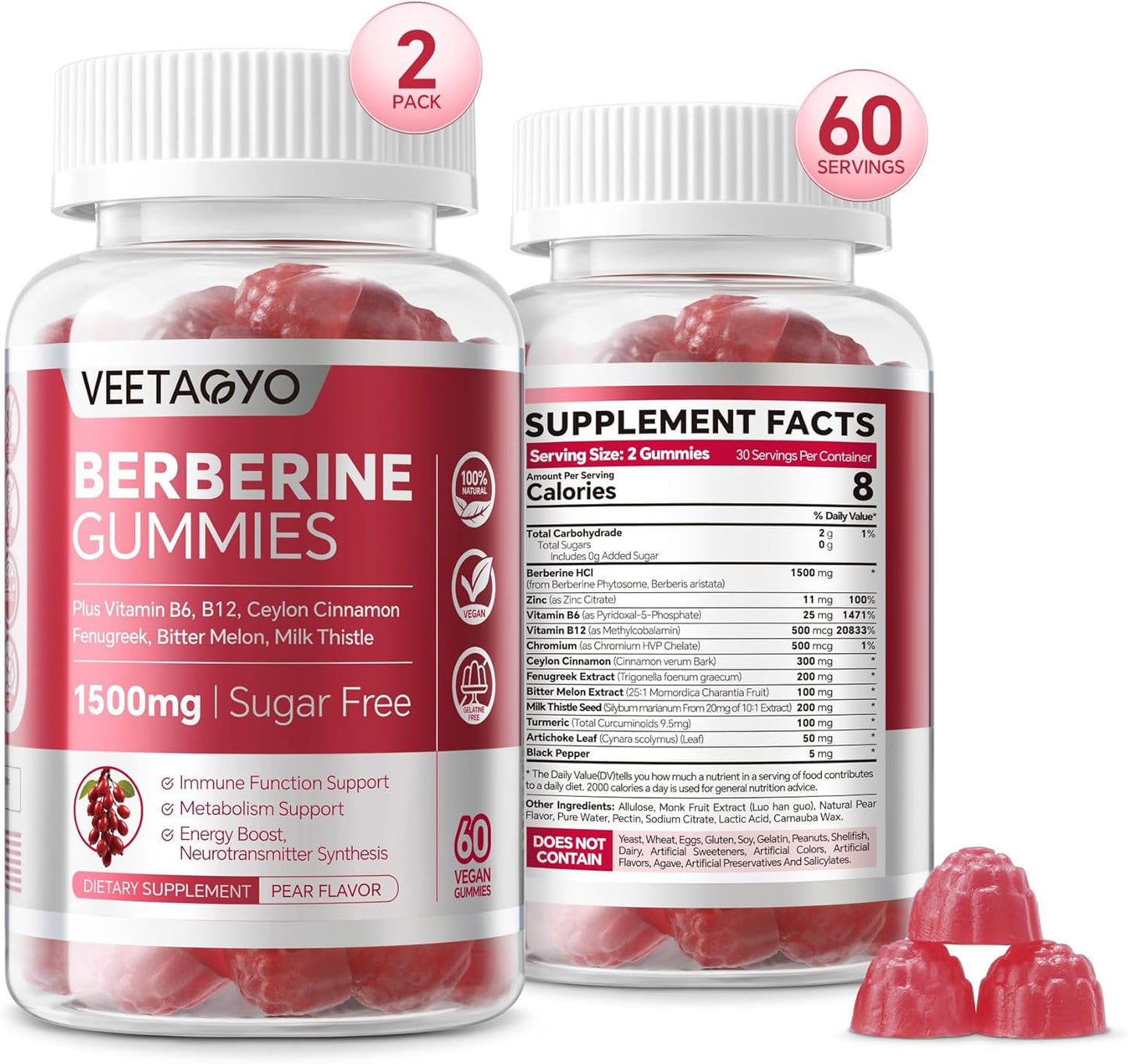 Berberine Gummies with B Complex and Vitamin C - 1500mg Supplement, Methylated Formula - 50 Gummies