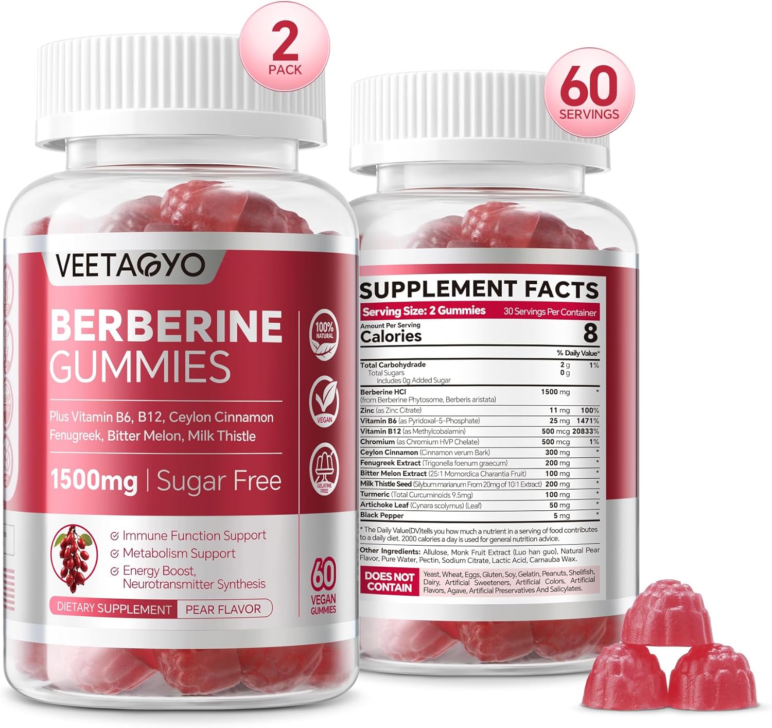 Berberine Gummies with B Complex and Vitamin C - 1500mg Supplement, Methylated Formula - 50 Gummies
