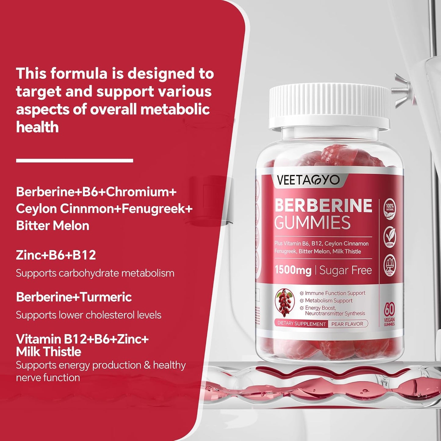 Berberine Gummies with B Complex and Vitamin C - 1500mg Supplement, Methylated Formula - 50 Gummies