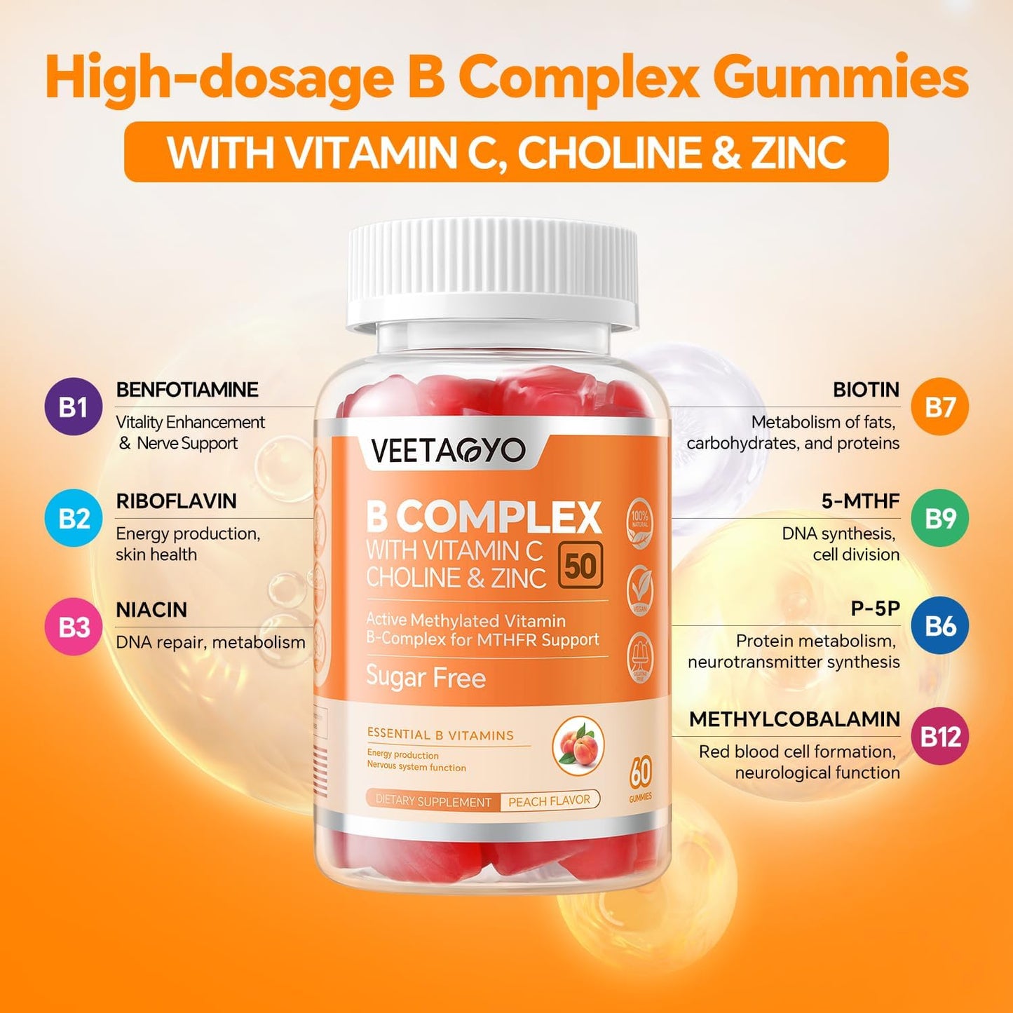 Berberine Gummies with B Complex and Vitamin C - 1500mg Supplement, Methylated Formula - 50 Gummies