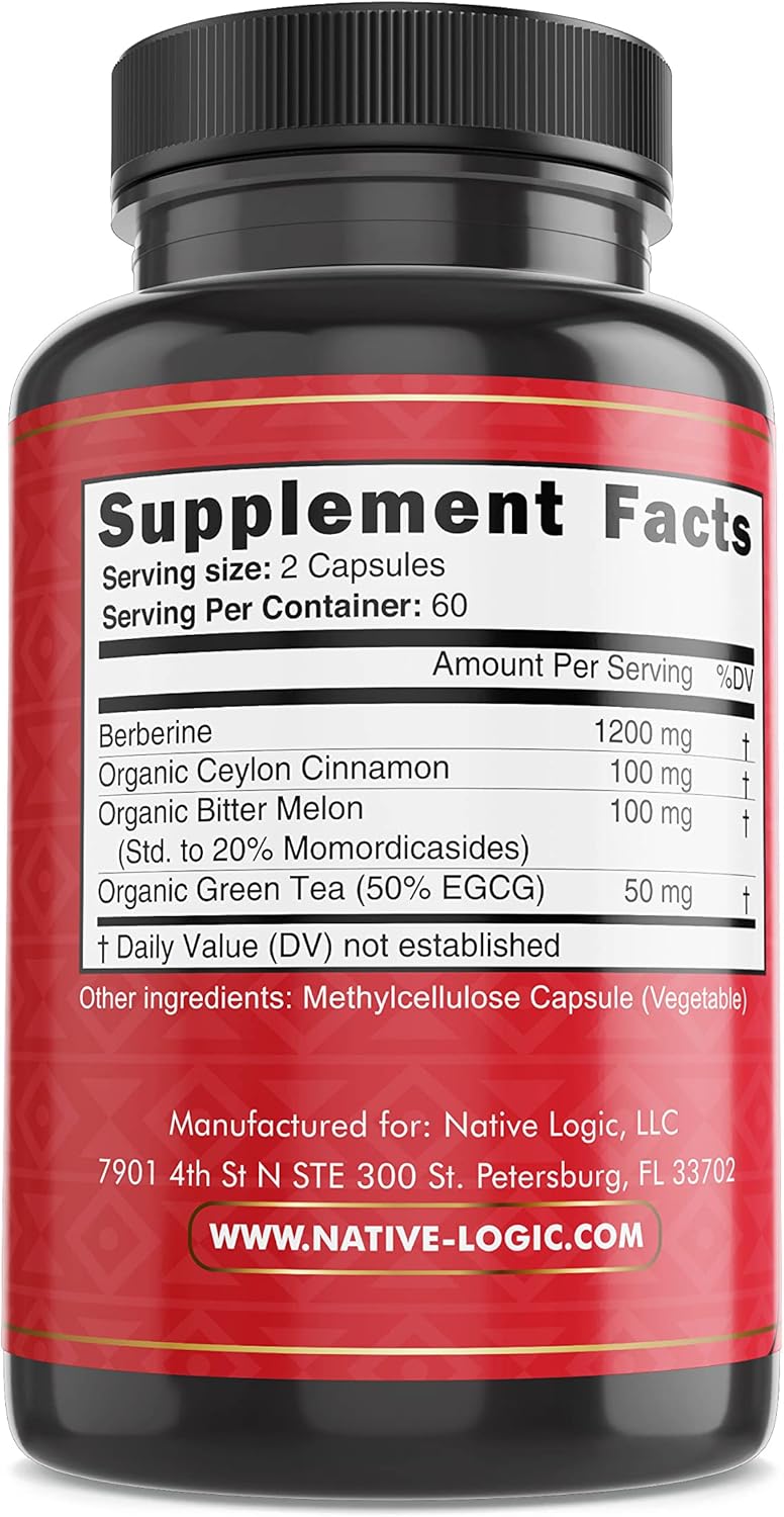 Berberine HCL 1200mg Capsules with Ceylon Cinnamon, Bitter Melon & Green Tea - Supports Cardiovascular, GI Health & Immune System (120 ct)