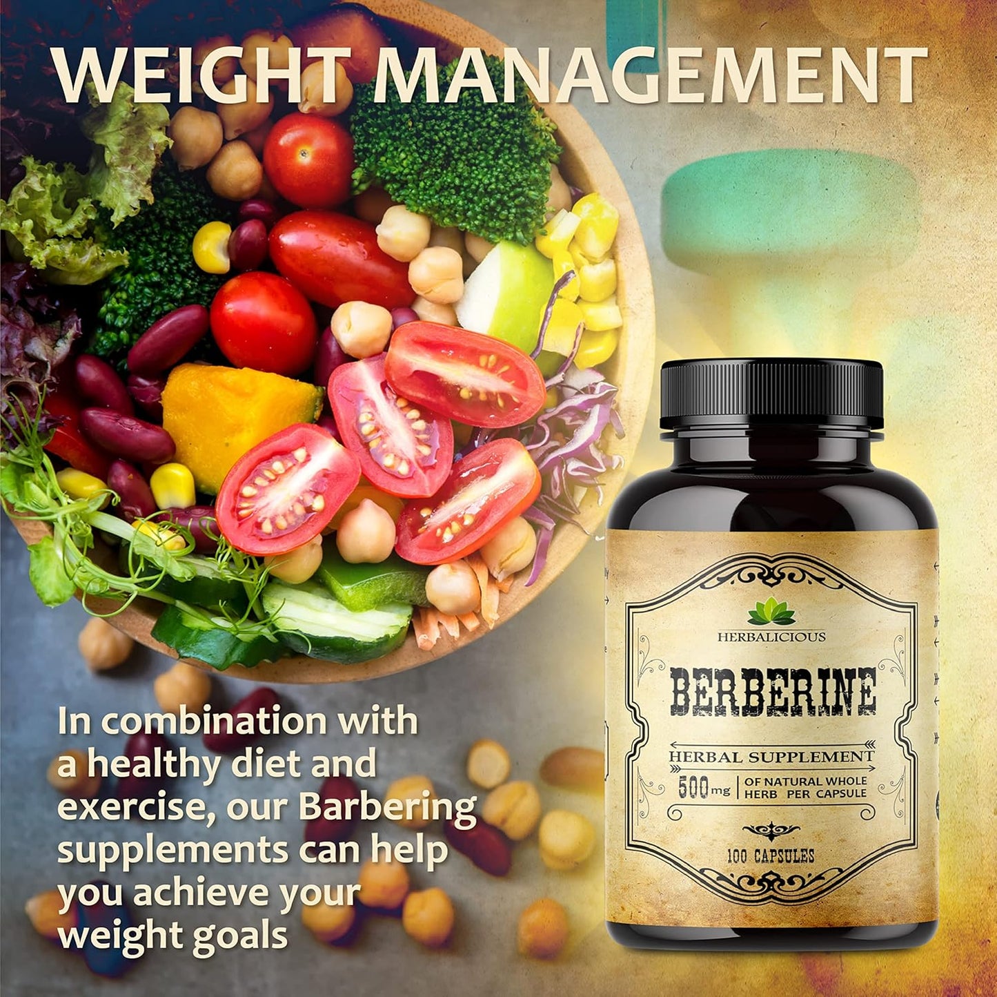 Berberine HCL Dietary Supplement - 100 Capsules for Immune Support, Heart Health, and Cholesterol - Non-GMO Berberine 500mg for Men and Women