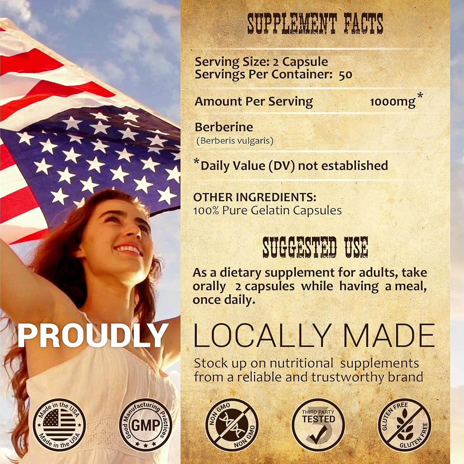 Berberine HCL Dietary Supplement - 100 Capsules for Immune Support, Heart Health, and Cholesterol - Non-GMO Berberine 500mg for Men and Women