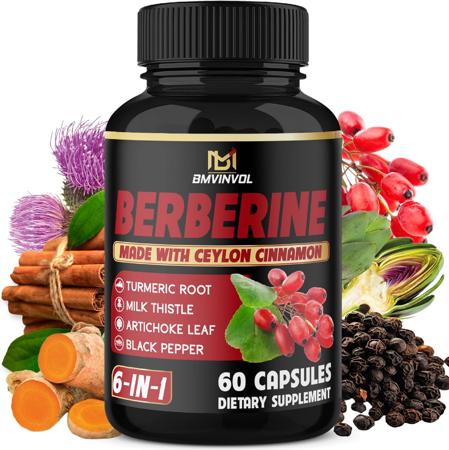 Berberine HCl Supplement with Ceylon Cinnamon, Turmeric, Artichoke, Milk Thistle - 60 Capsules