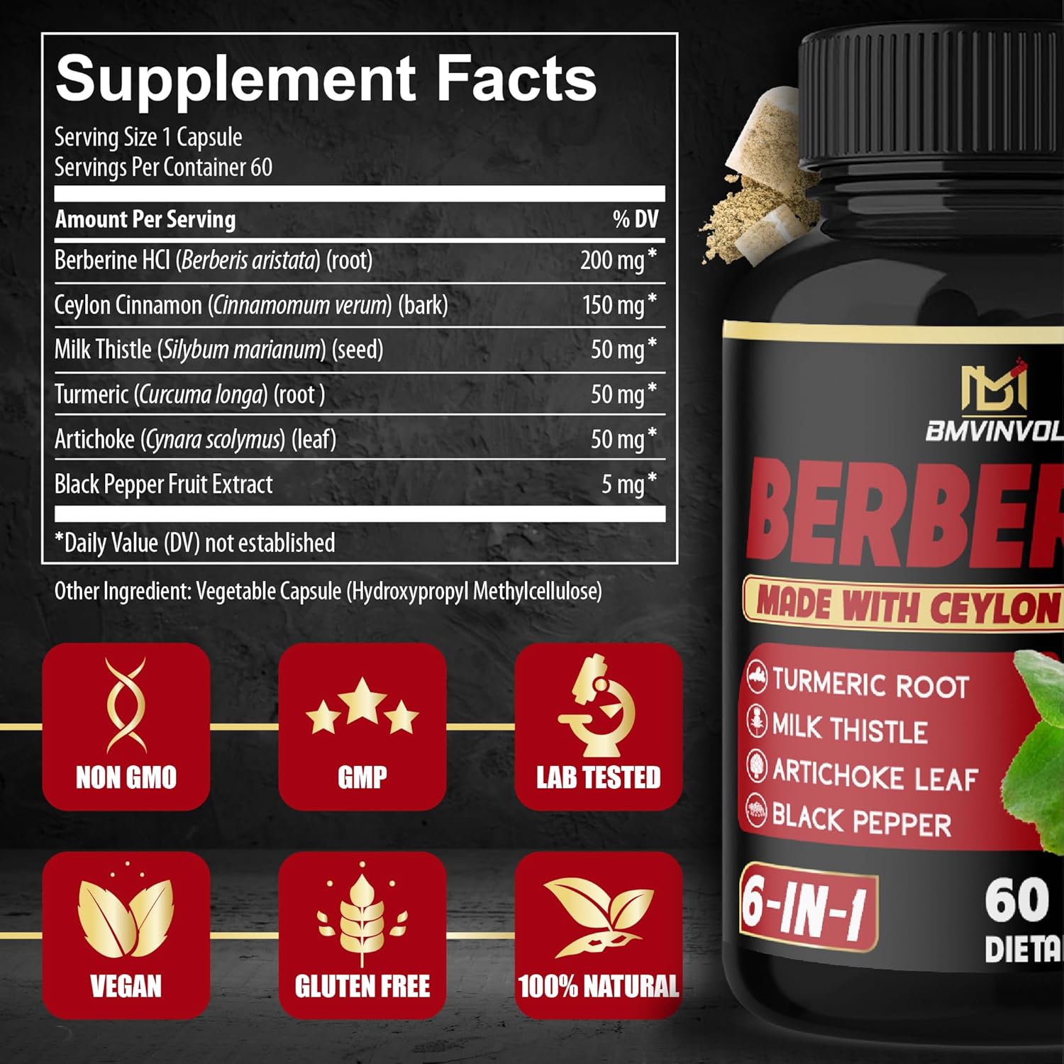 Berberine HCl Supplement with Ceylon Cinnamon, Turmeric, Artichoke, Milk Thistle - 60 Capsules