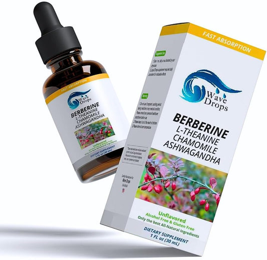 Berberine, L-Theanine, Chamomile, Ashwagandha Liquid Drops for Overall Well-Being - Natural Ingredients - 1 Fl Oz