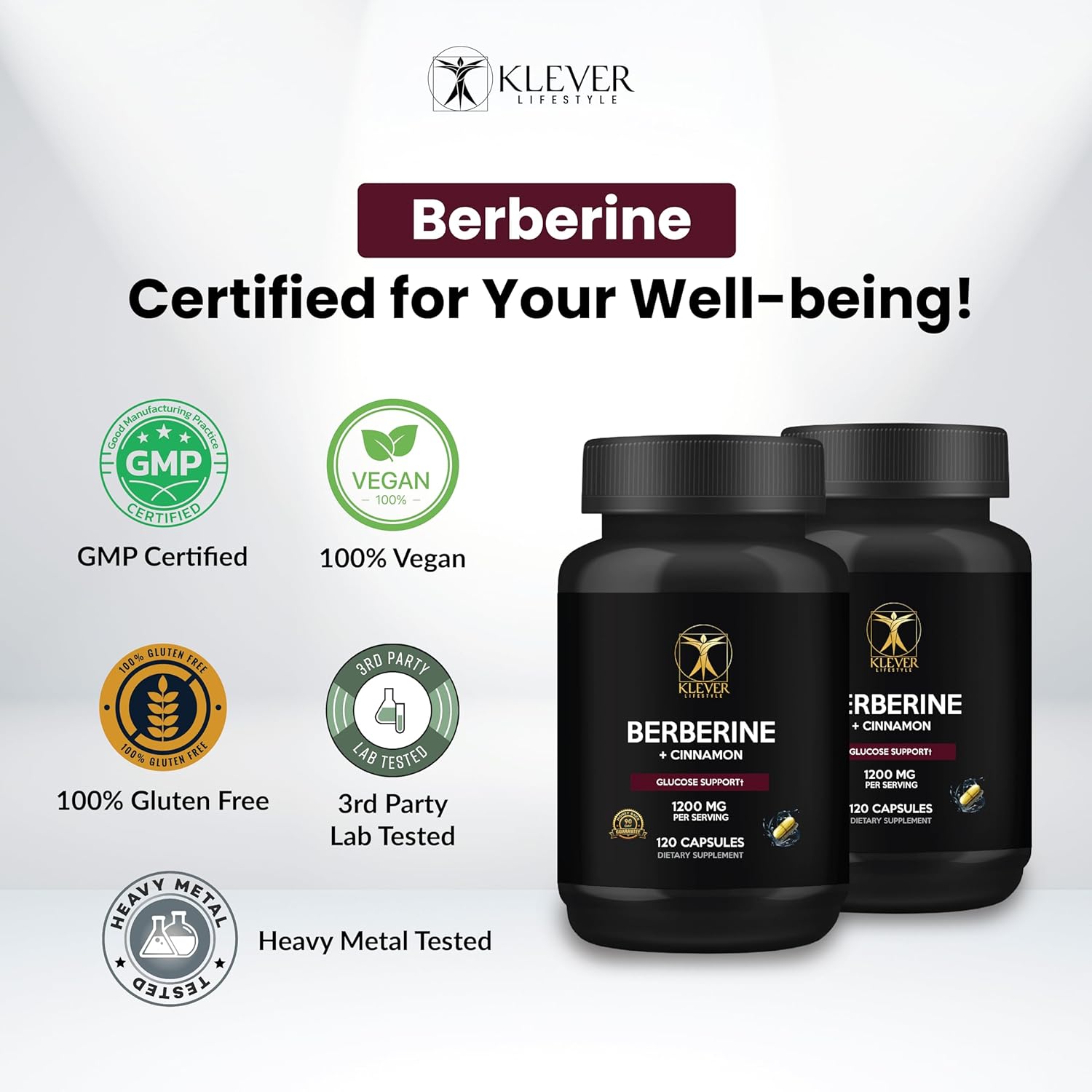 Berberine Supplement for Immune Support - 120 Capsules, 1200mg - Gluten Free & Vegan - Klever Lifestyle