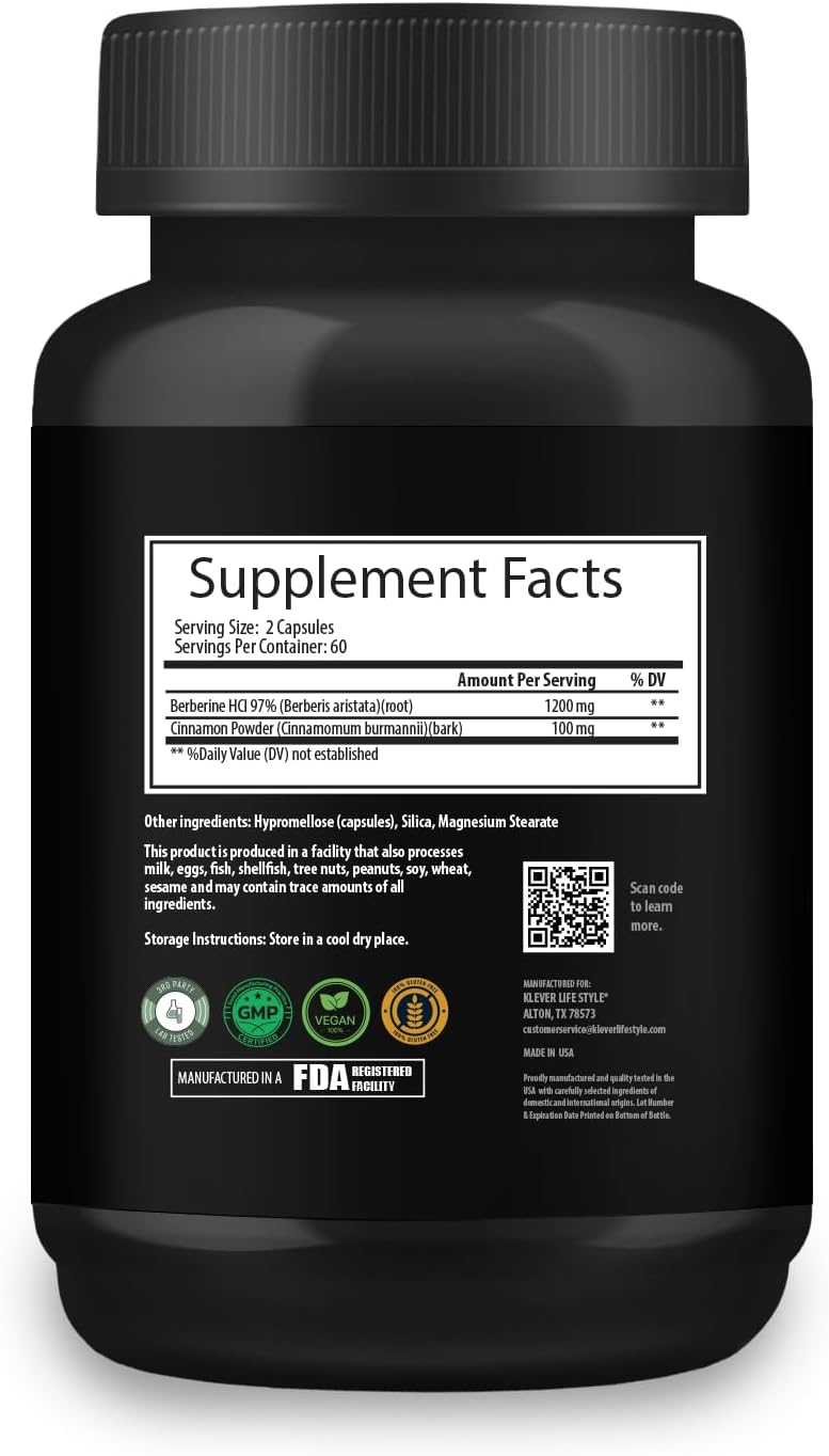 Berberine Supplement for Immune Support - 120 Capsules, 1200mg - Gluten Free & Vegan - Klever Lifestyle
