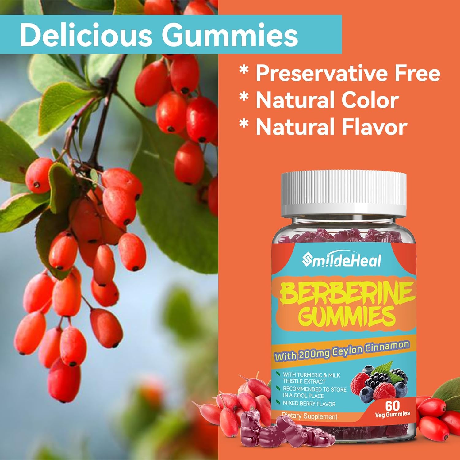 Berberine Supplement Gummies with Ceylon Cinnamon and Turmeric - 1200mg Extract for Liver Support - 60 Count