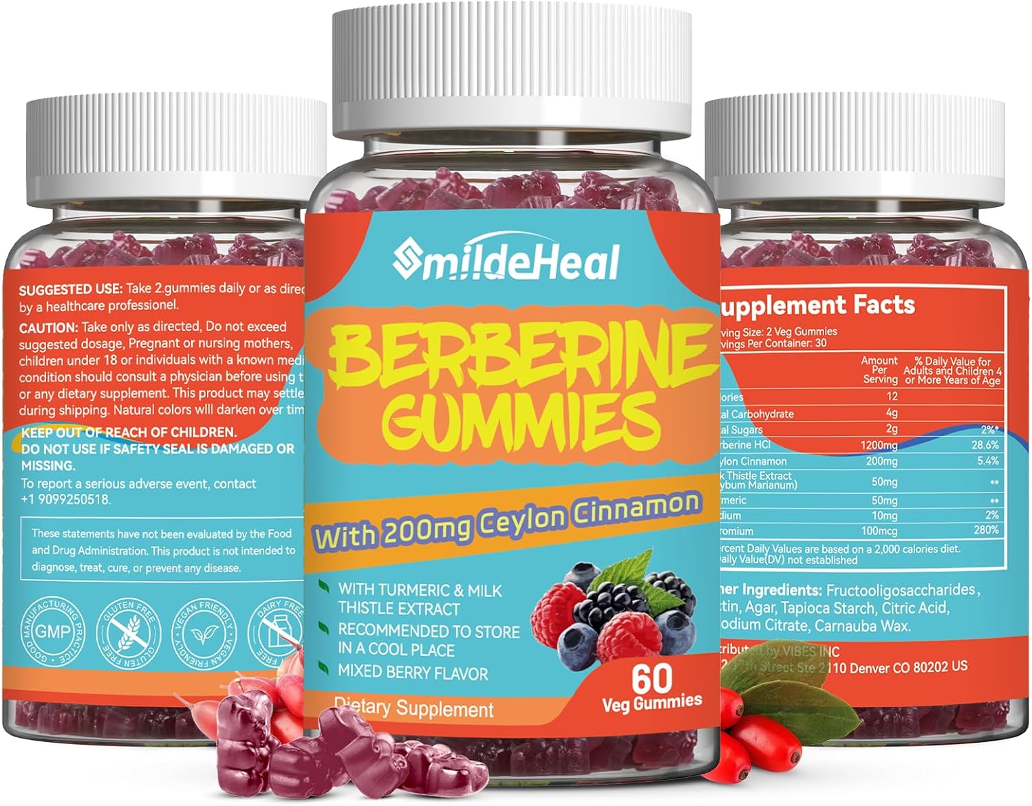 Berberine Supplement Gummies with Ceylon Cinnamon and Turmeric - 1200mg Extract for Liver Support - 60 Count