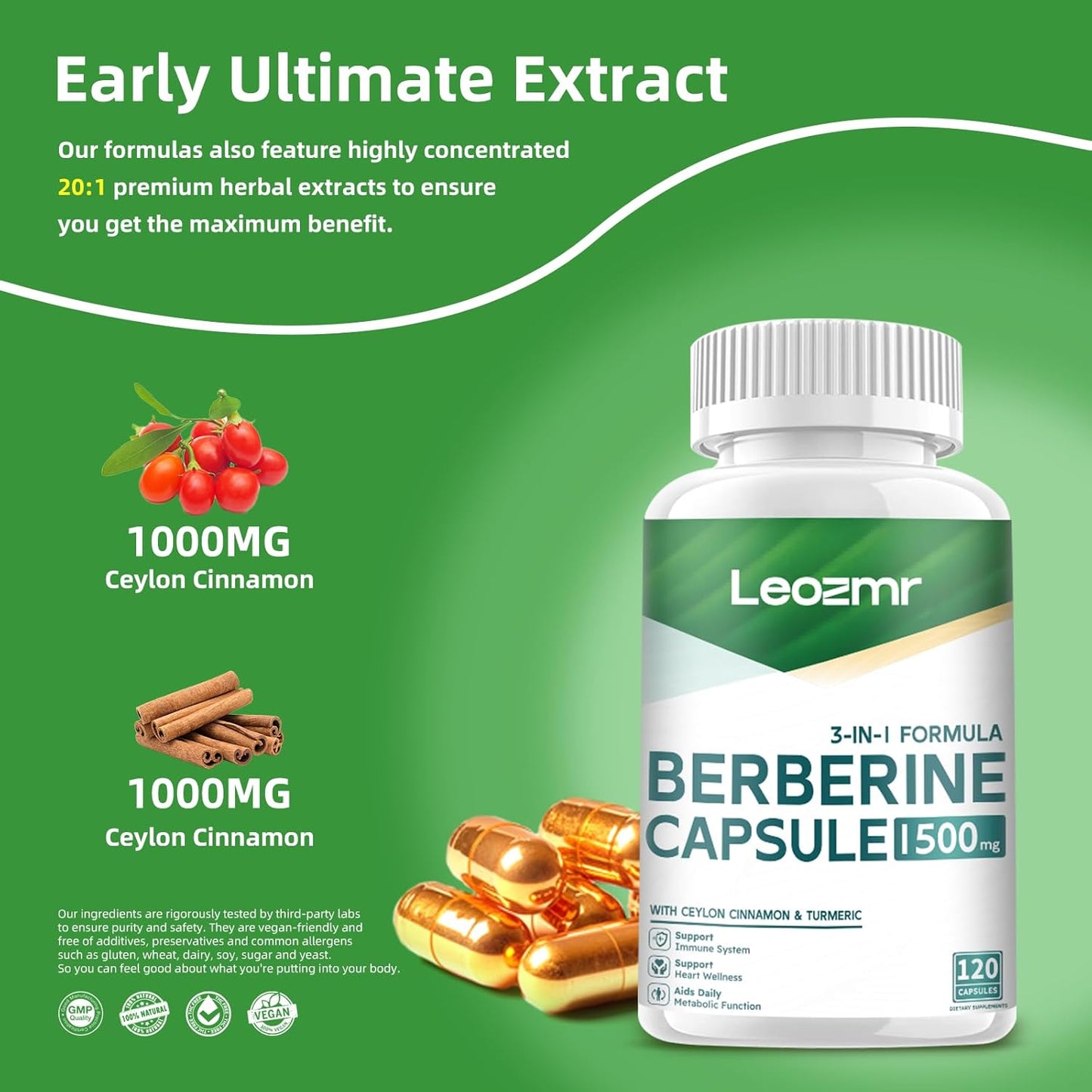 Berberine Supplement with 1500mg Per Serving - 120 Capsules with Pure Ceylon Cinnamon - Root Supplements Pills
