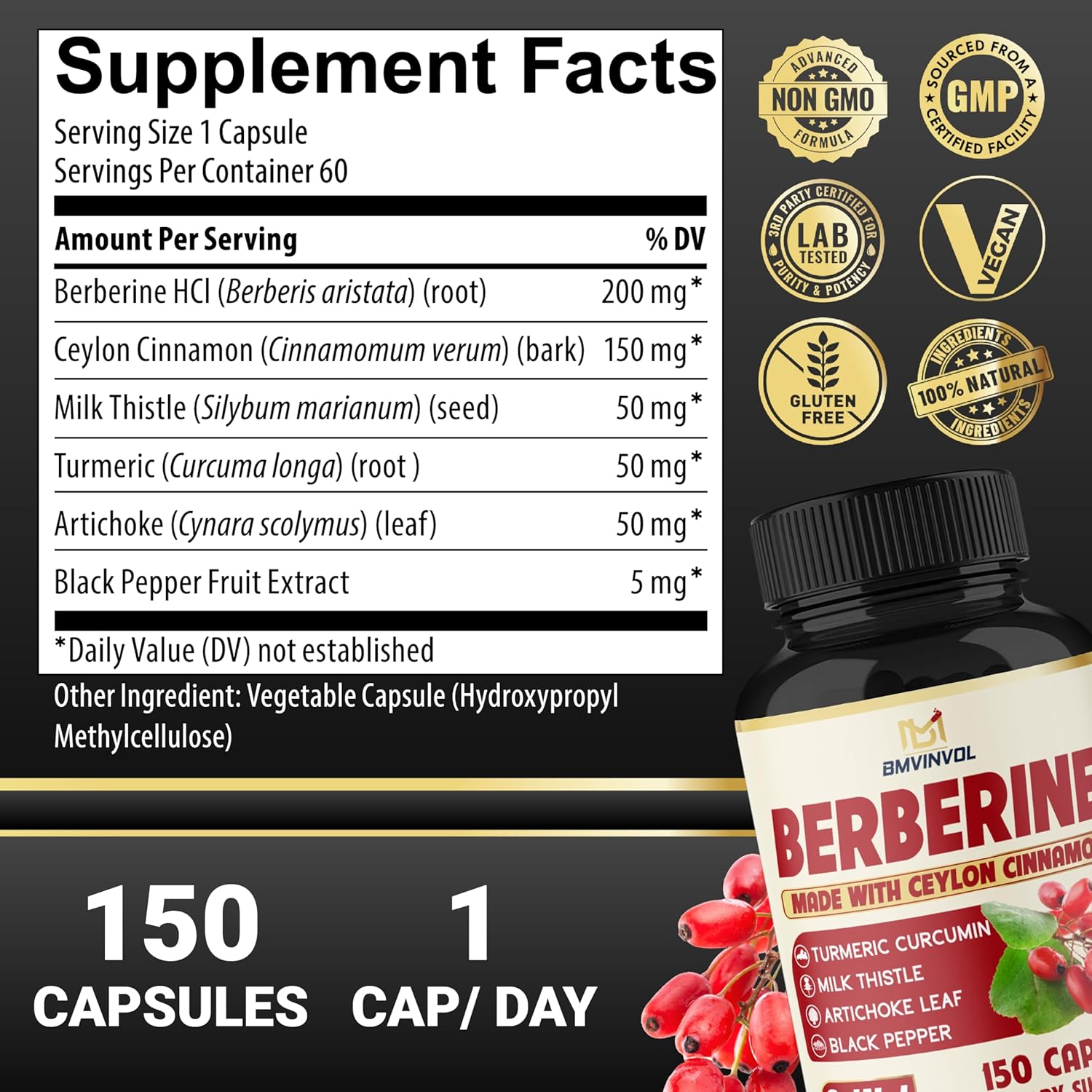 Berberine with Ceylon Cinnamon, Turmeric, Milk Thistle, Artichoke, Black Pepper - 150 Count Pack