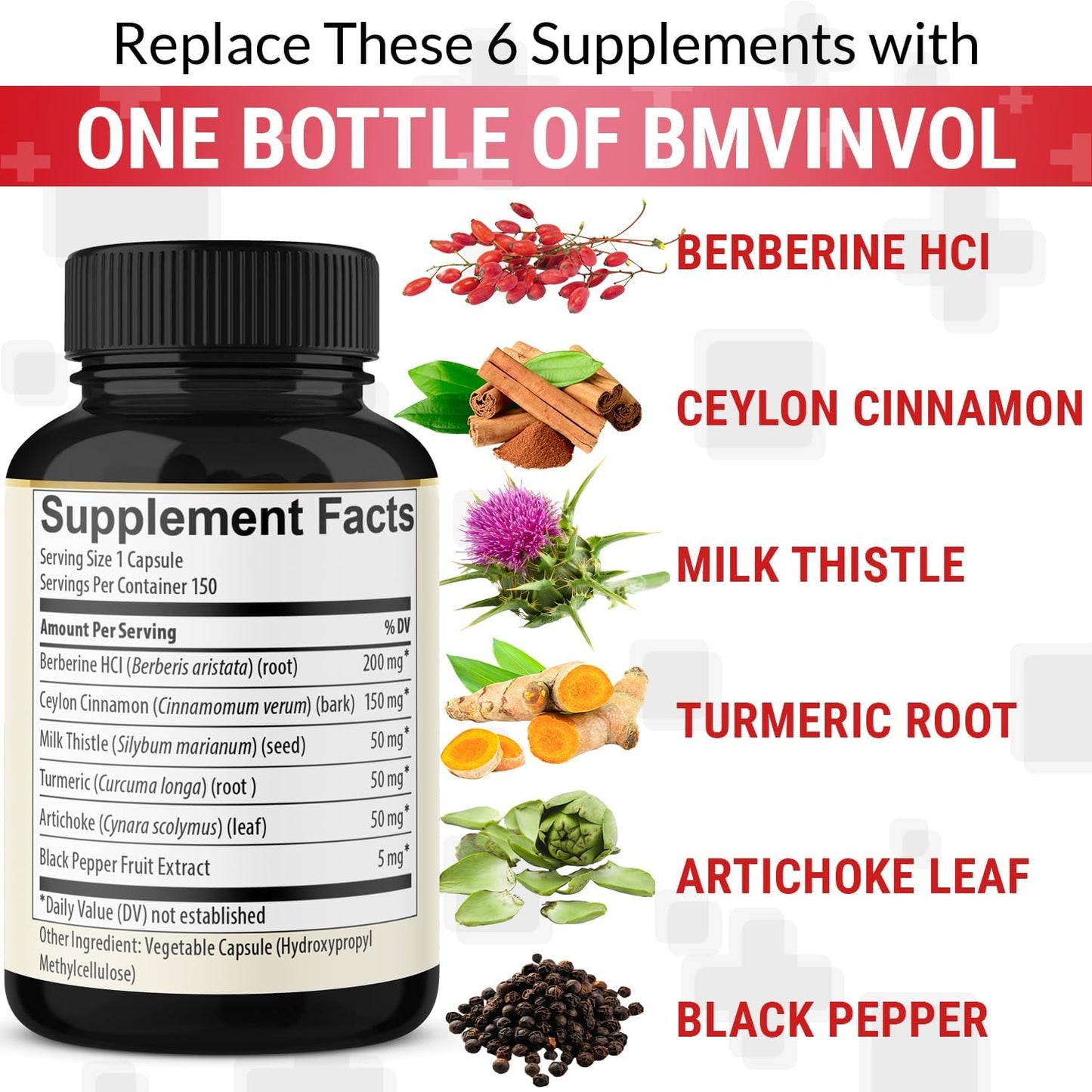 Berberine with Ceylon Cinnamon, Turmeric, Milk Thistle, Artichoke, Black Pepper - 150 Count Pack