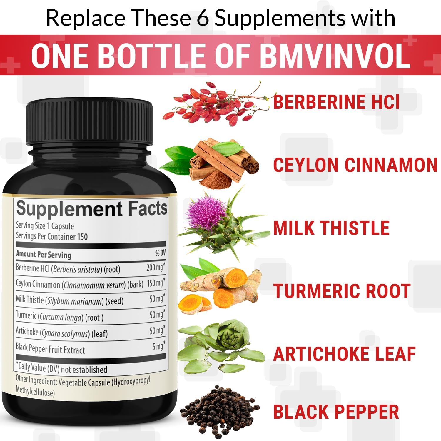 Berberine with Ceylon Cinnamon, Turmeric, Milk Thistle, Artichoke, Black Pepper - 150 Count Pack