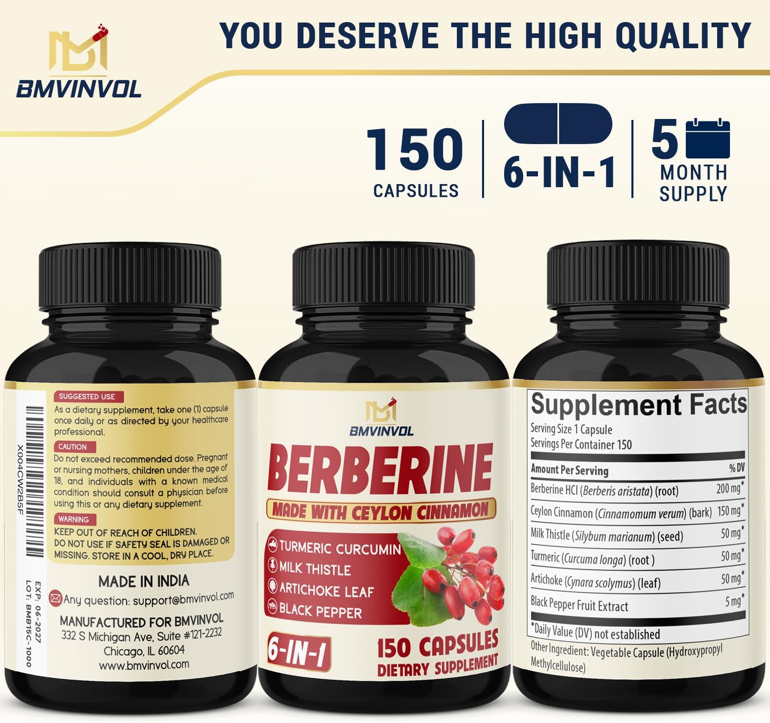 Berberine with Ceylon Cinnamon, Turmeric, Milk Thistle, Artichoke, Black Pepper - 150 Count Pack
