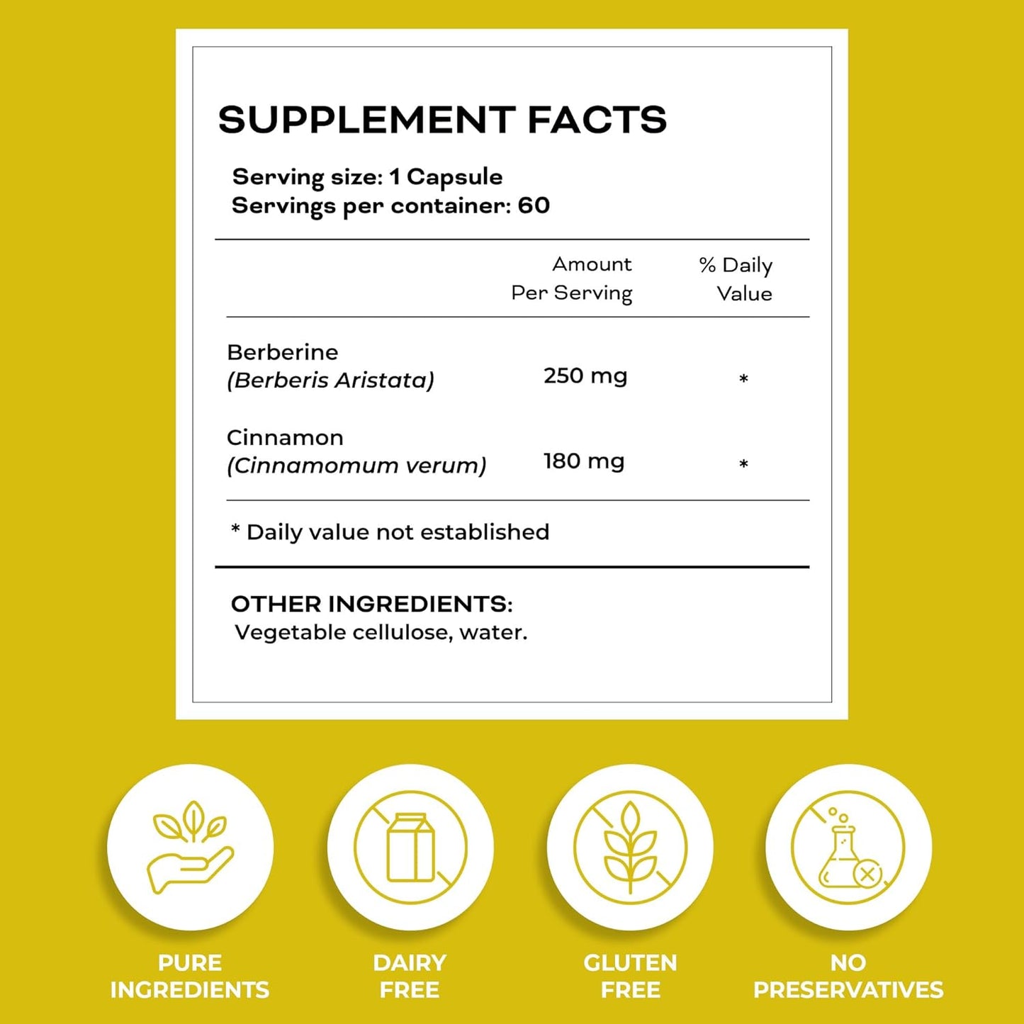 Berberine with Cinnamon Capsules for Healthy Metabolism | Non-GMO, Gluten-Free Supplement | 60 Capsules in Glass Bottle
