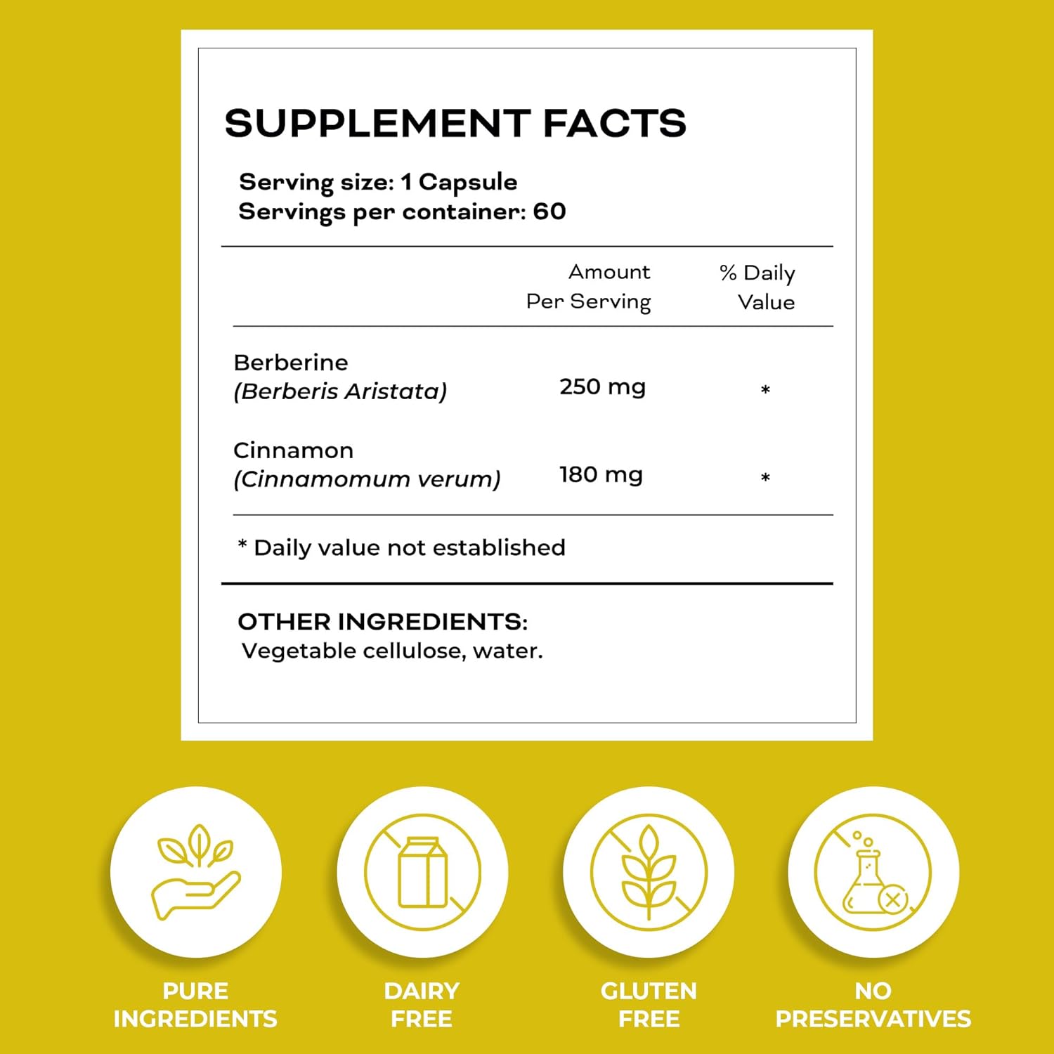 Berberine with Cinnamon Capsules for Healthy Metabolism | Non-GMO, Gluten-Free Supplement | 60 Capsules in Glass Bottle