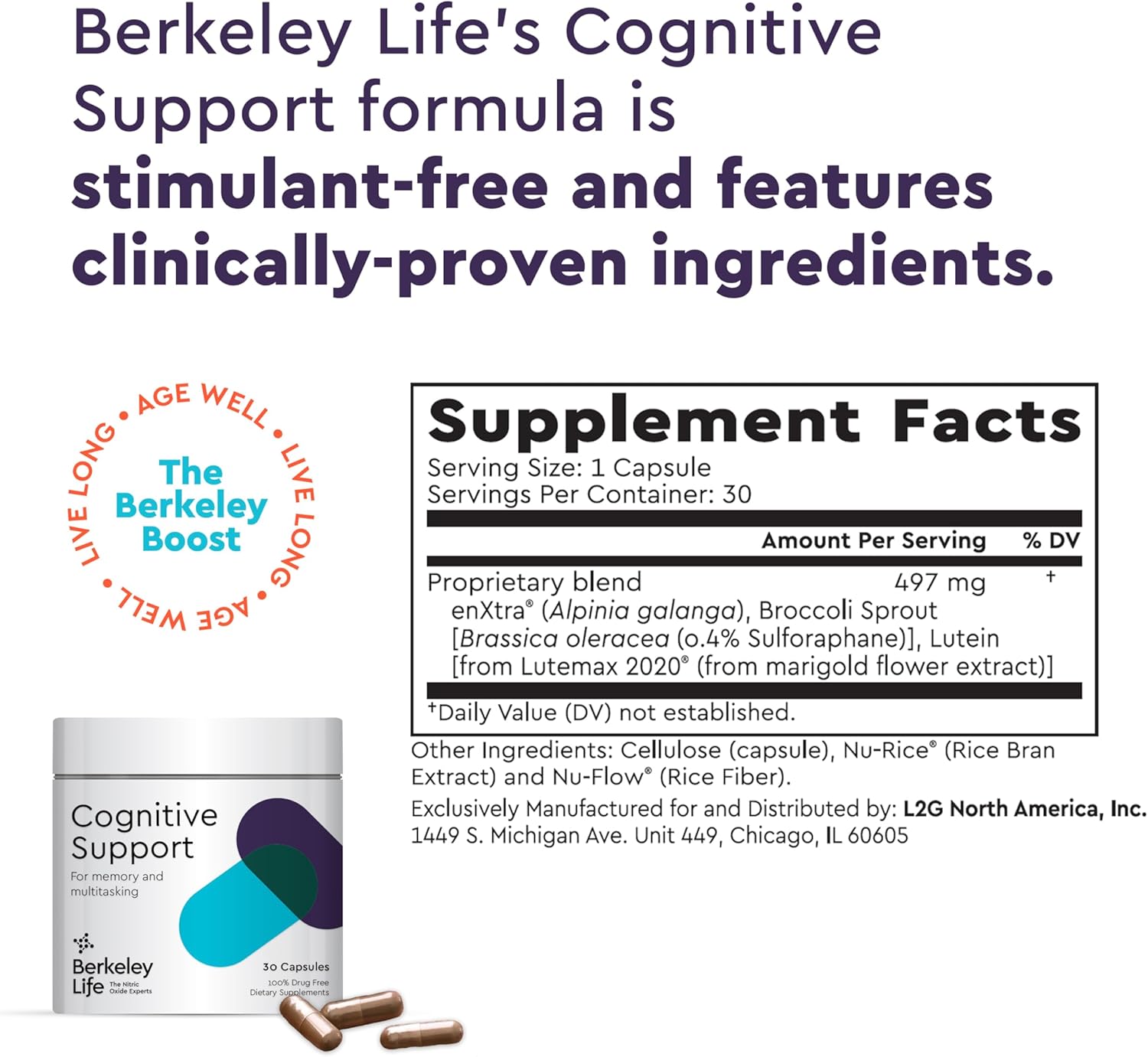 Berkeley Life Memory and Focus Support Supplement for Adults - Cognitive Aid for Memory, Multitasking, and Speed - 60 Capsules