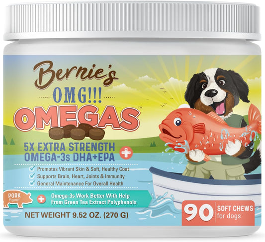 Bernie's OMG!!! Omegas 5X Extra Strength Fish Oil Chews for Dogs - Skin & Coat, Allergy Relief, Calming, Joint Support (Pork)
