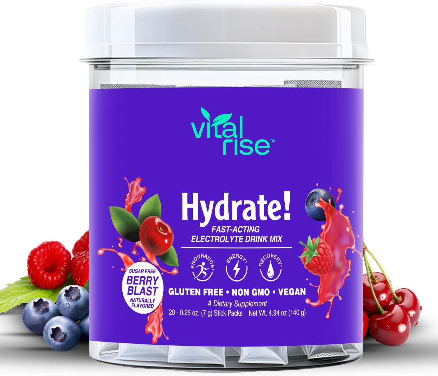 Berry Blast Vital Rise® Hydrate Powder Packets - Electrolyte Drink Mix | Non-GMO Hydration Sticks - Low Sodium Formula | 20 Servings