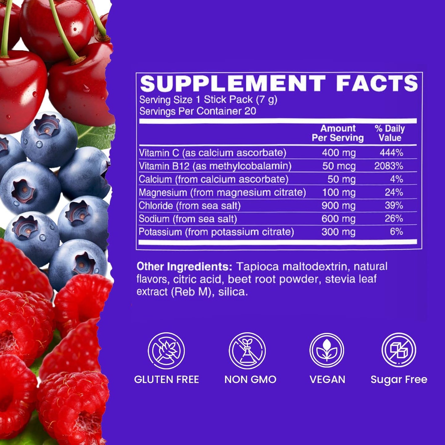 Berry Blast Vital Rise® Hydrate Powder Packets - Electrolyte Drink Mix | Non-GMO Hydration Sticks - Low Sodium Formula | 20 Servings