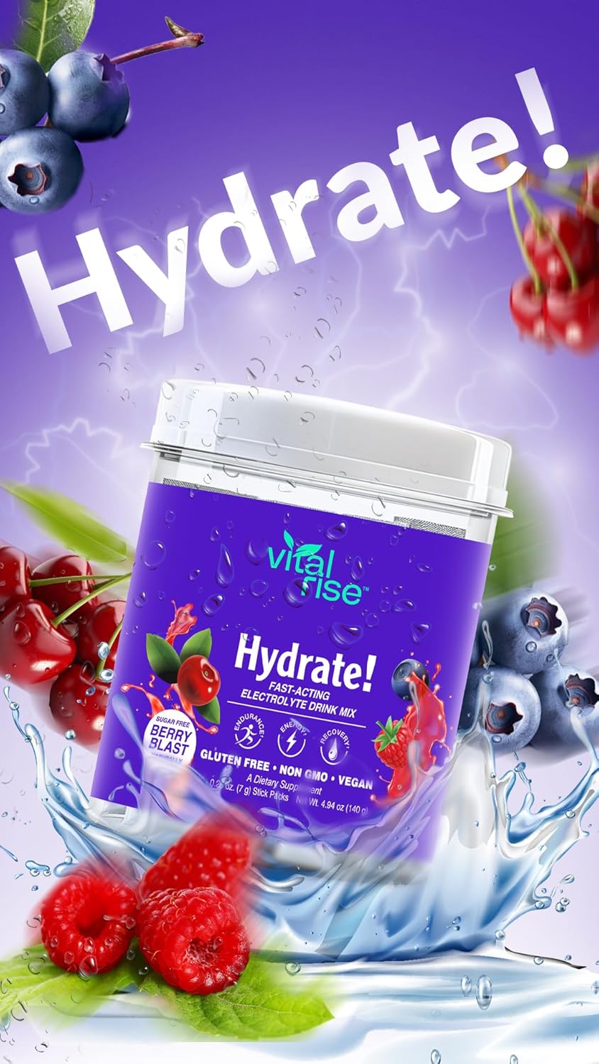 Berry Blast Vital Rise® Hydrate Powder Packets - Electrolyte Drink Mix | Non-GMO Hydration Sticks - Low Sodium Formula | 20 Servings