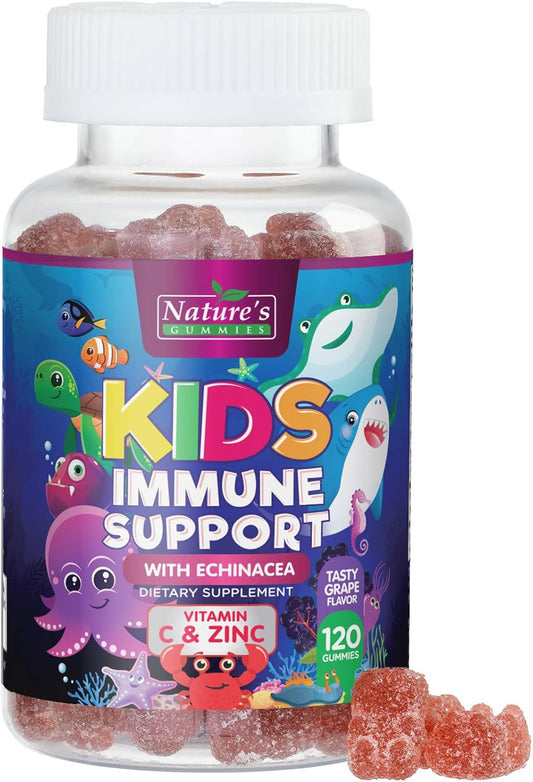 Berry Flavor Kids Immune Support Gummies with Echinacea, Zinc & Vitamin C - Non-GMO, Gluten-Free, Vegan Children's Vitamins - 120 Gummies
