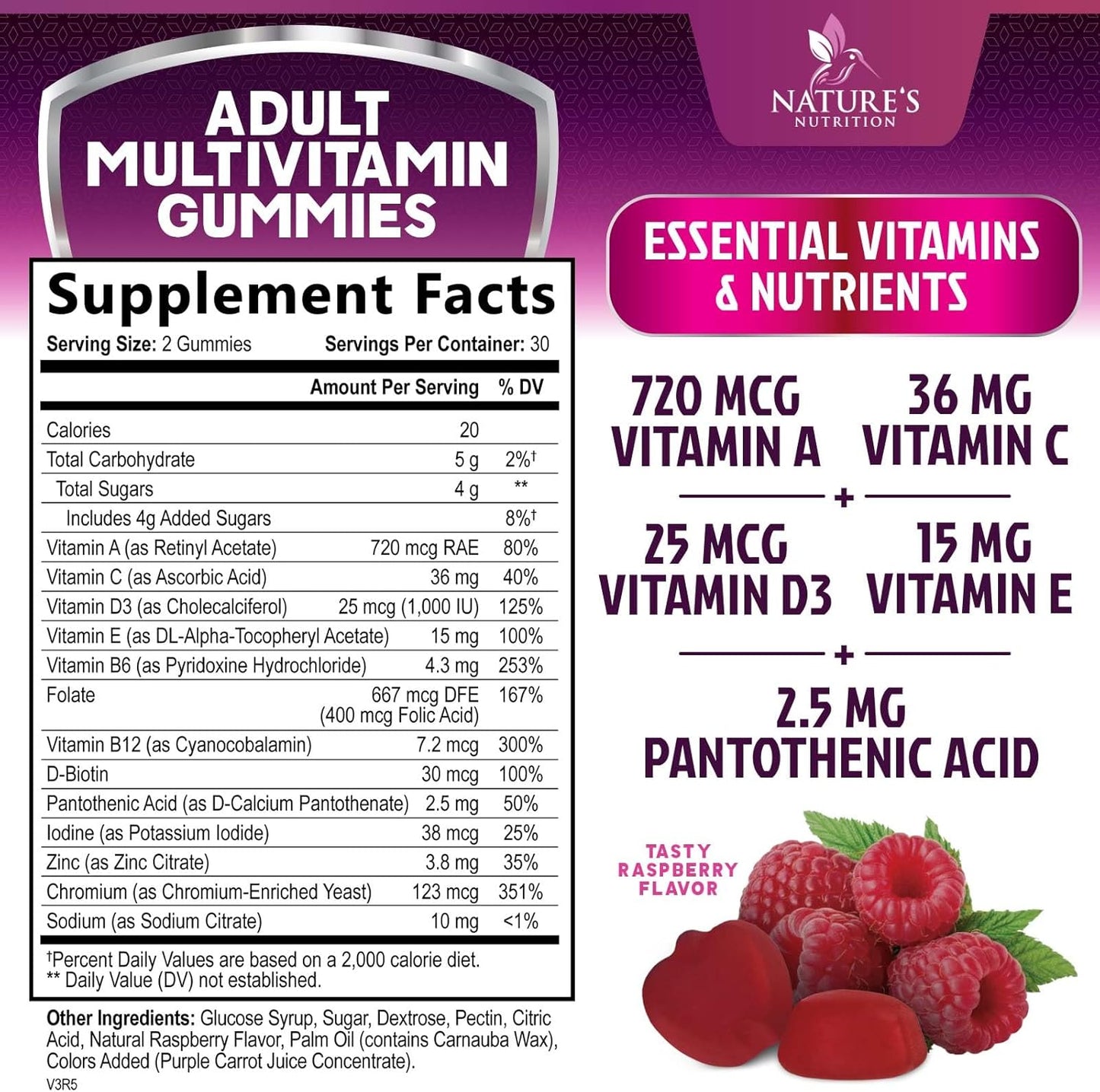 Berry Flavored Nature's Nutrition Multivitamin Gummies for Adults - Immune Health Support with Vitamin A, C, D, E, B6, B12, Zinc & Antioxidants - Non-GMO - 60 Count