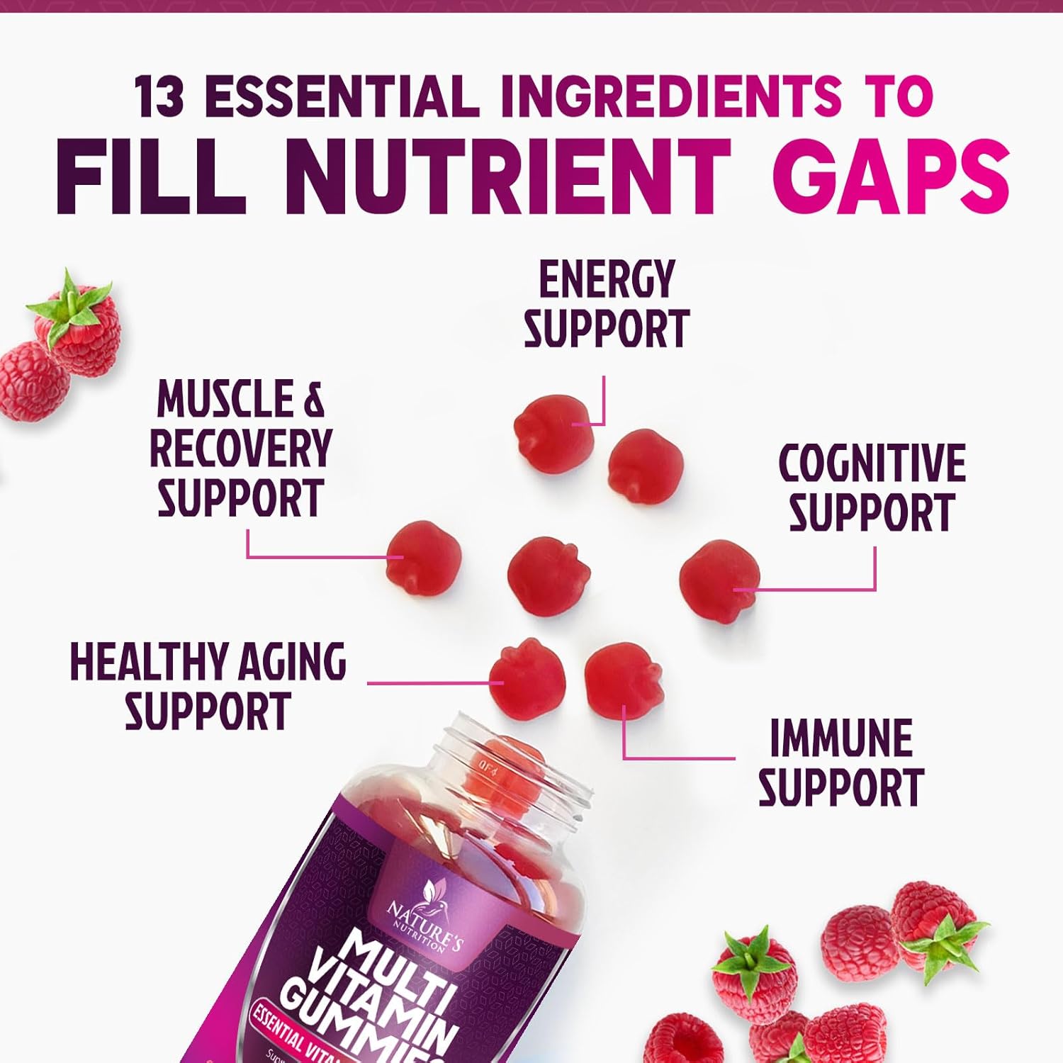 Berry Flavored Nature's Nutrition Multivitamin Gummies for Adults - Immune Health Support with Vitamin A, C, D, E, B6, B12, Zinc & Antioxidants - Non-GMO - 60 Count