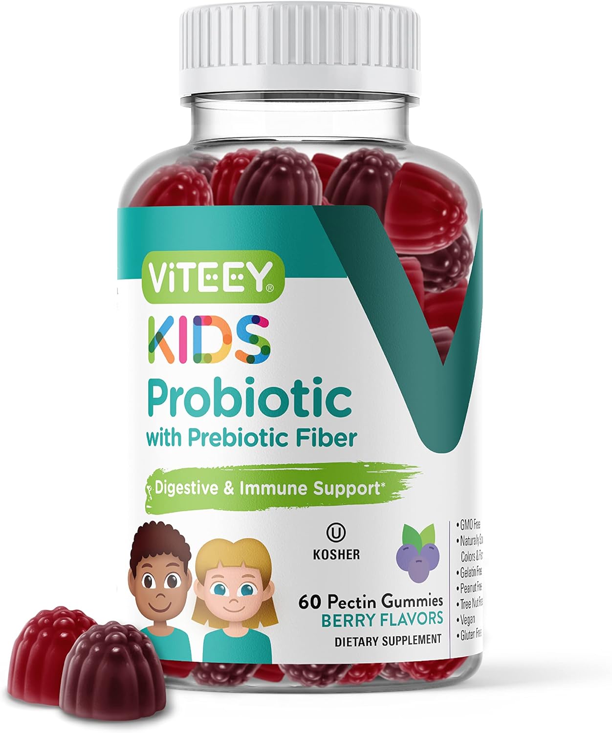 Berry Flavored Probiotic Gummies for Kids with Prebiotics Fiber - 2 Billion CFUs - Vegan, Gelatin Free - Digestive & Gut Health Support