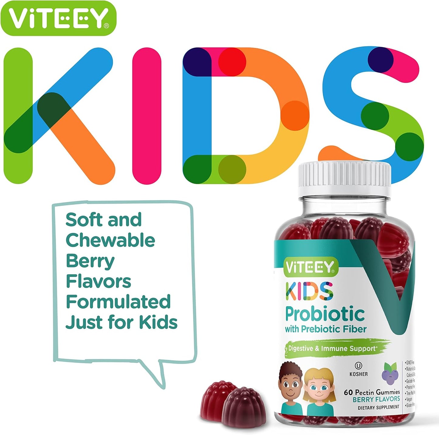 Berry Flavored Probiotic Gummies for Kids with Prebiotics Fiber - 2 Billion CFUs - Vegan, Gelatin Free - Digestive & Gut Health Support