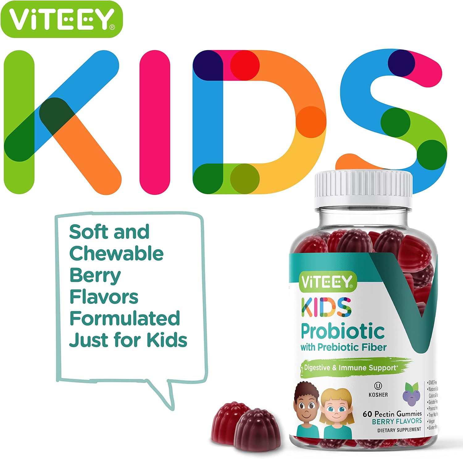 Berry Flavored Probiotic Gummies for Kids with Prebiotics Fiber - 2 Billion CFUs - Vegan, Gelatin Free - Digestive & Gut Health Support