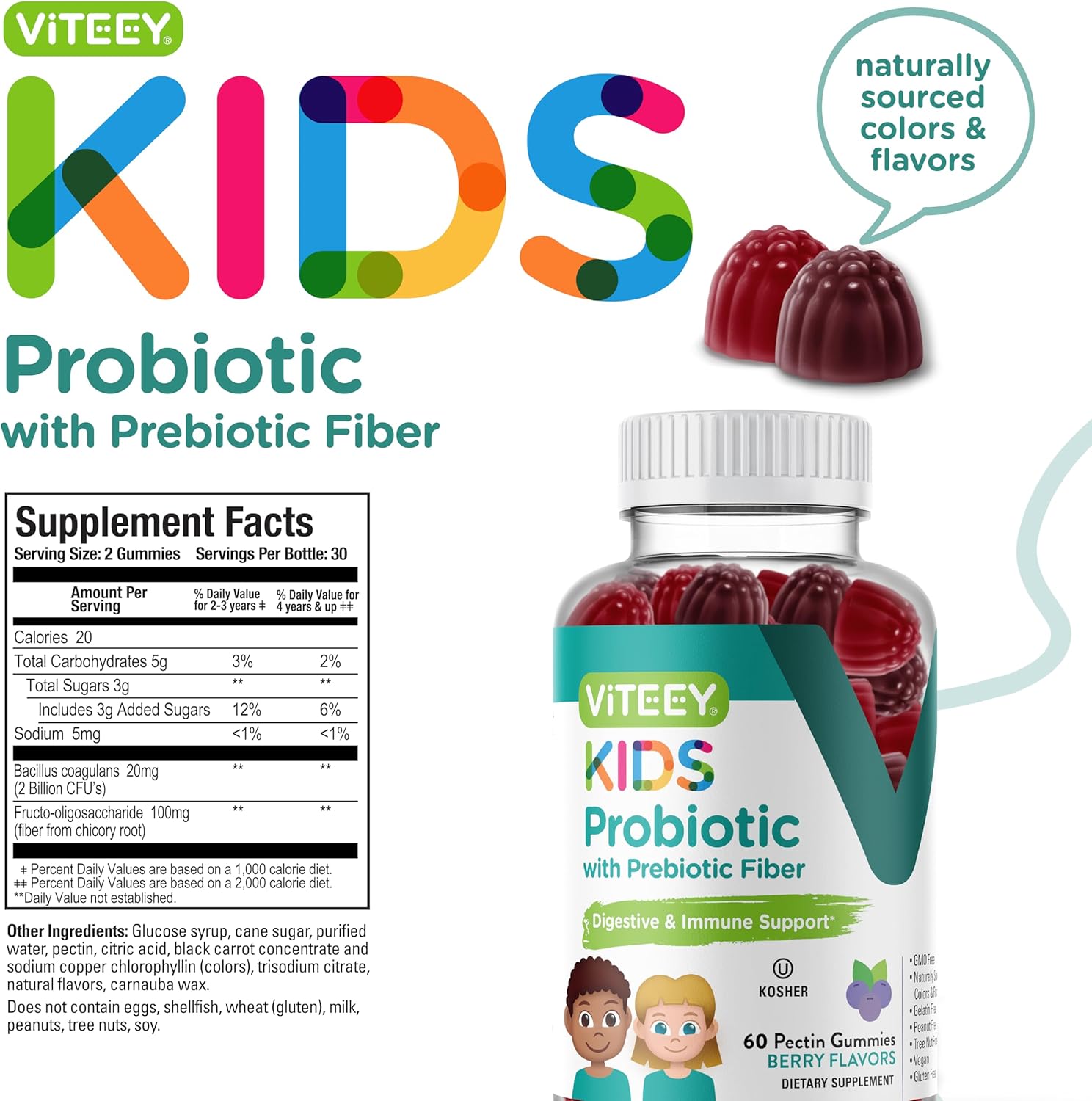 Berry Flavored Probiotic Gummies for Kids with Prebiotics Fiber - 2 Billion CFUs - Vegan, Gelatin Free - Digestive & Gut Health Support