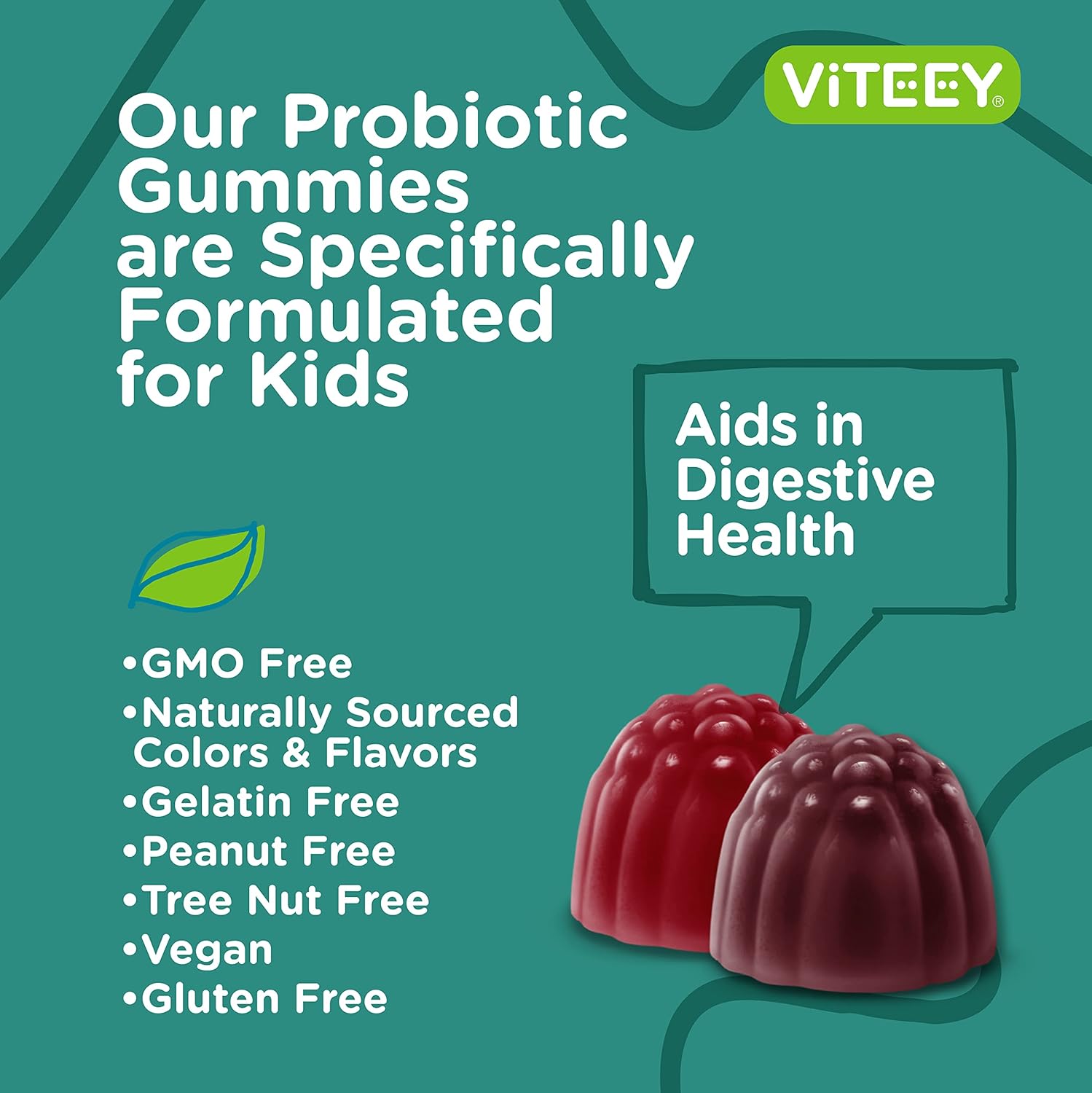 Berry Flavored Probiotic Gummies for Kids with Prebiotics Fiber - 2 Billion CFUs - Vegan, Gelatin Free - Digestive & Gut Health Support