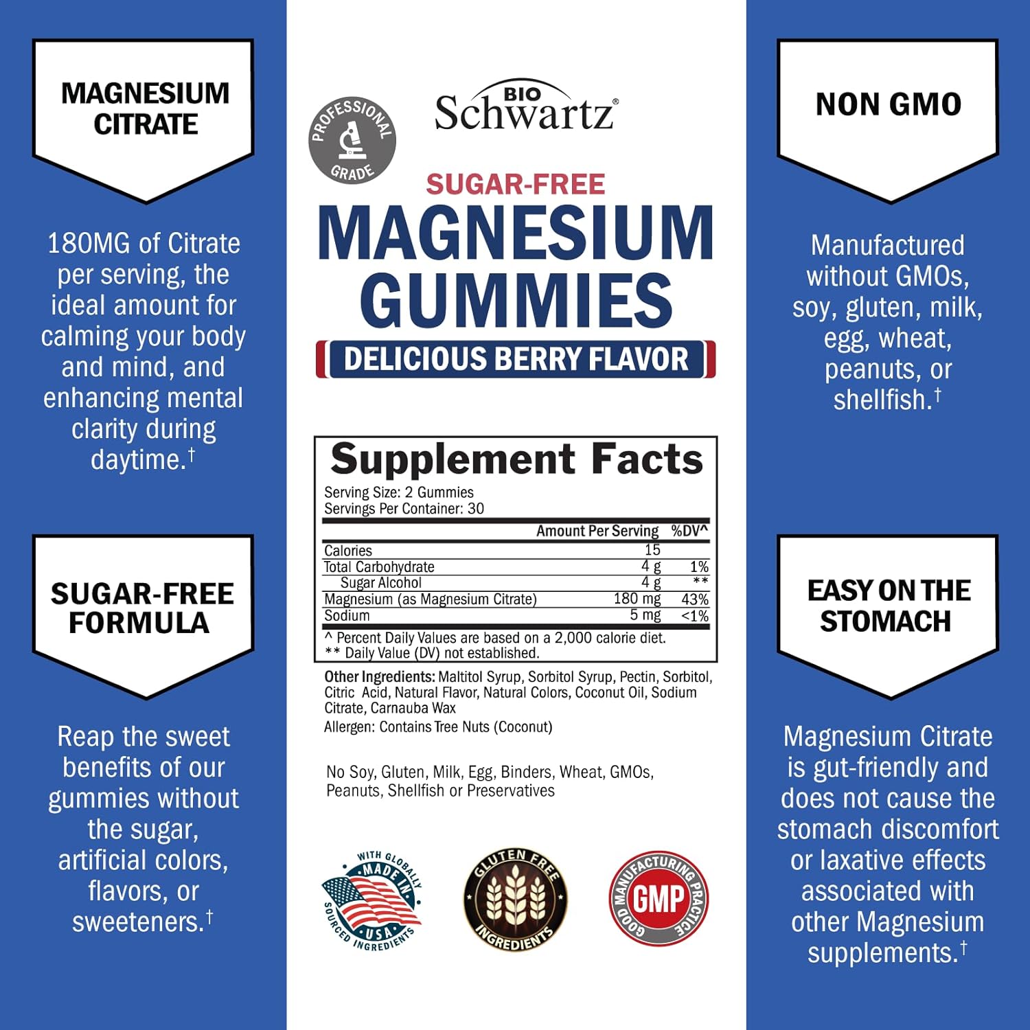 Berry Flavored Sugar-Free Magnesium Gummies - Supports Nerves, Muscles, Energy, and Sleep - 60 Gummies (Vegan, Non-GMO)