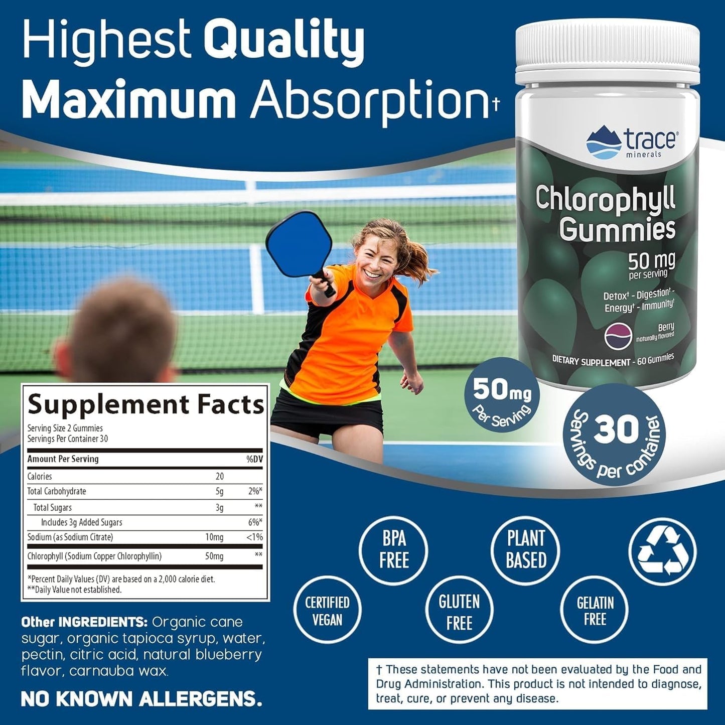 Berry Flavored Trace Minerals Chlorophyll Gummies, 100mg - Promotes Digestive, Immune & Skin Health - Natural Energy & Cell Function Support - High Absorption, 60 Gummies