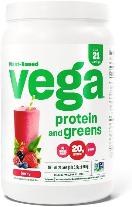 Berry Flavored Vega Protein and Greens Powder - Plant Based Protein with Veggies, Vegan, Non GMO, Pea Protein Mix for Women and Men, 1.3 lbs