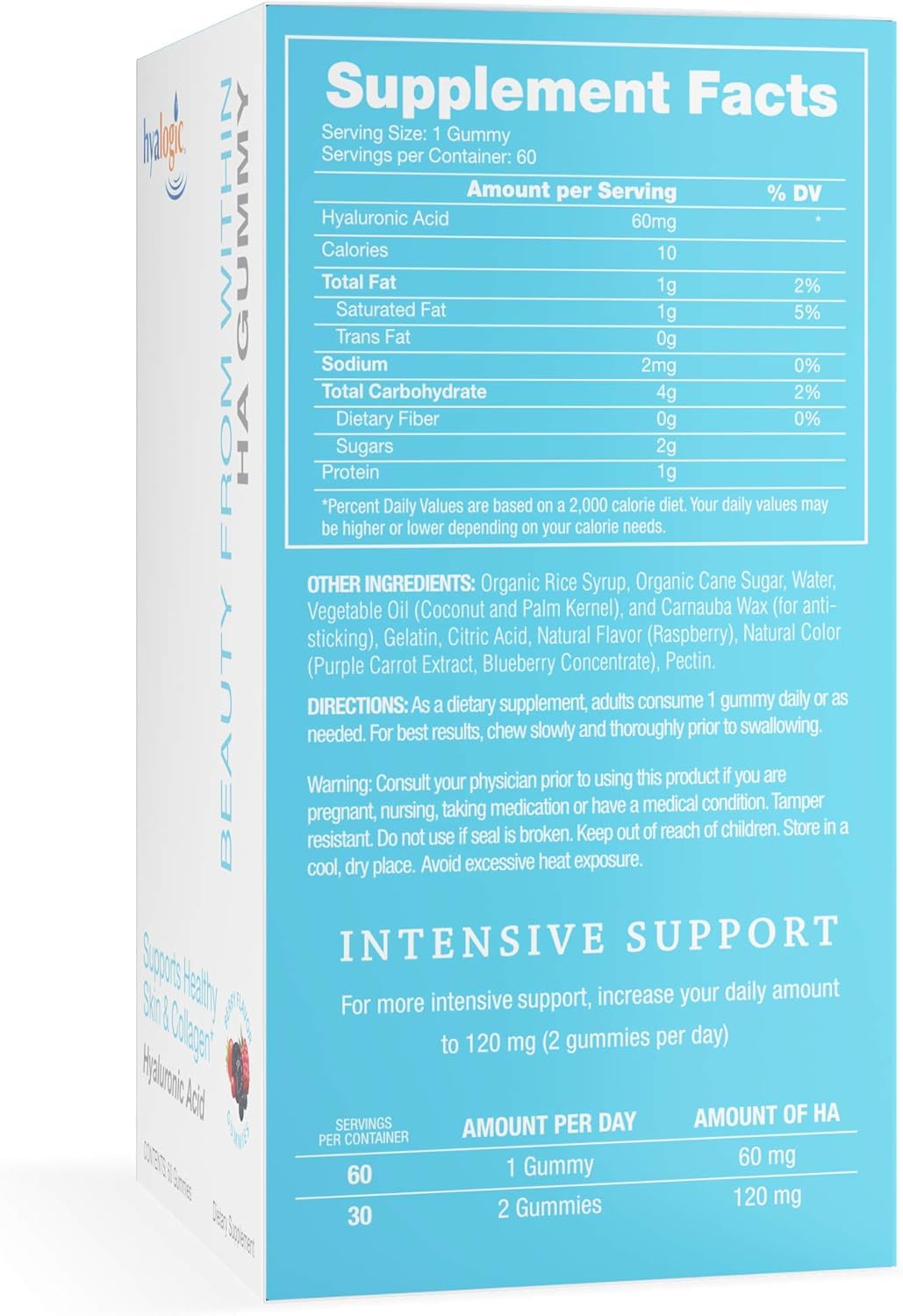 Berry-Flavored Vegan Hyaluronic Acid Gummies for Skin Care & Hair Growth - Gluten-Free Beauty Gummies - 60 Count