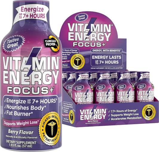 Berry Flavored Vitamin Energy Focus+ Energy Drink Shot - 12 Pack, 1.93oz Each - Provides up to 7 Hours of Energy