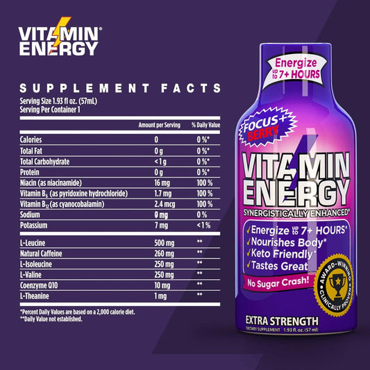 Berry Flavored Vitamin Energy Shots for 7+ Hours of Natural Energy and Focus - 24 Pack