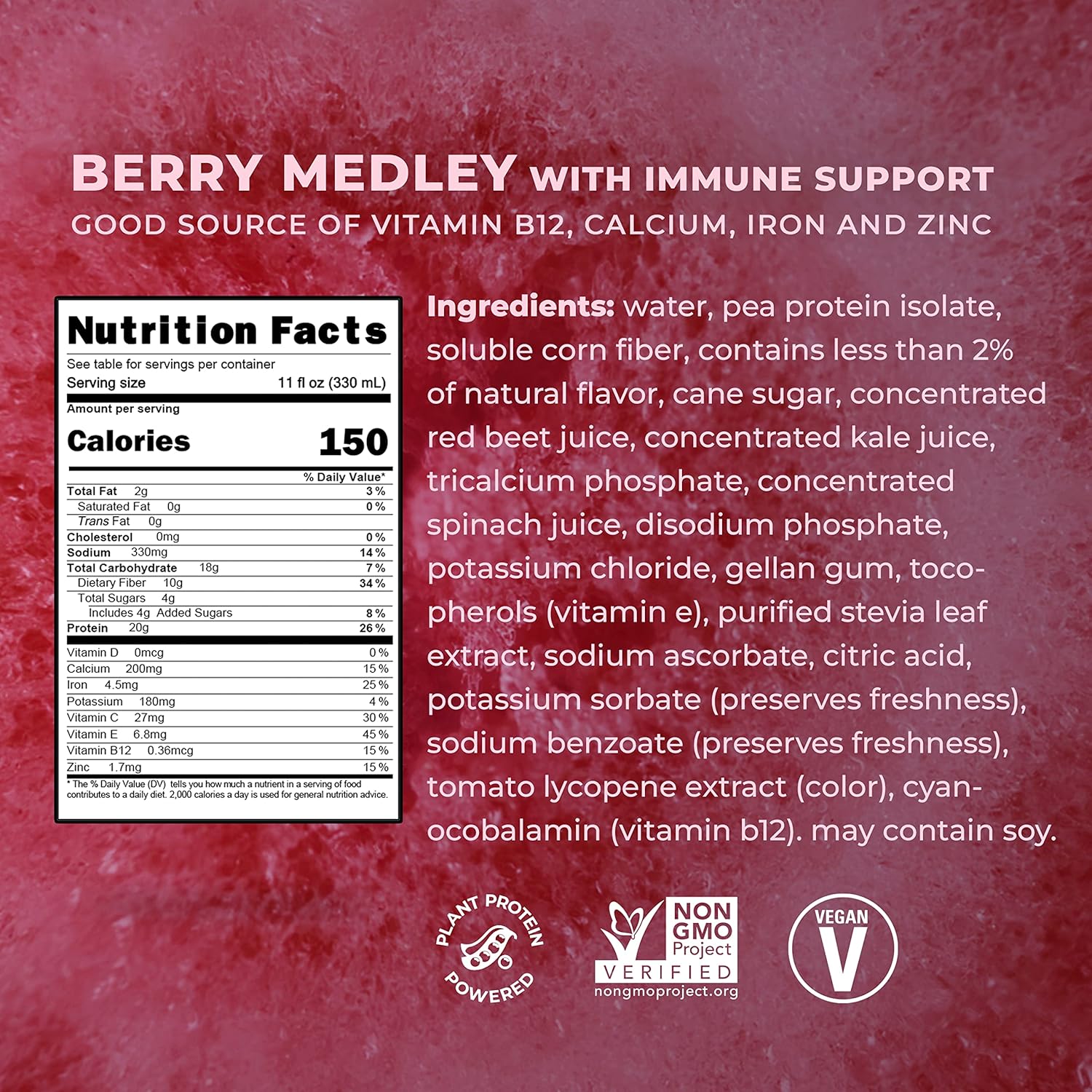 Berry Medley Plant Based Protein Shake - 20g Vegan Protein, Immune Support with Vitamin C & Zinc, Dairy Free, Non-GMO - 12 Pack of 11oz Shakes (Formula May Vary)