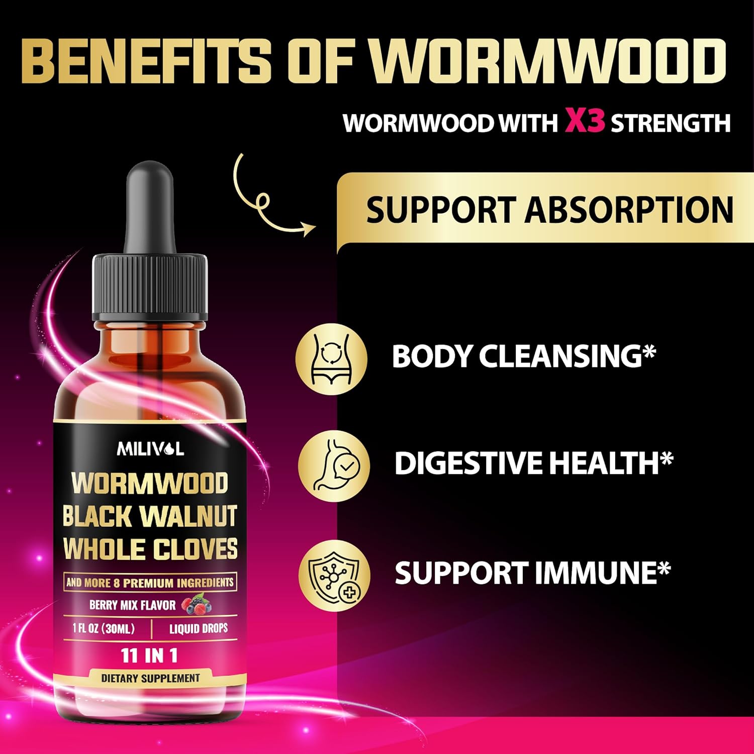 Berry Mix MILIVOL 11-in-1 Black Walnut Wormwood Tincture Extract with Cloves, Berberine - 2 Months Supply - 1 Fl Oz