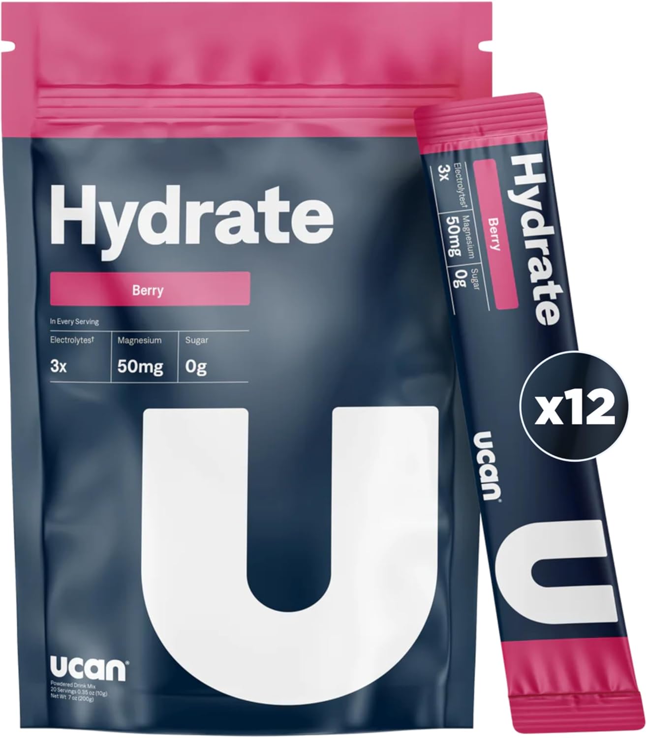 Berry UCAN Hydrate Electrolyte Drink Mix - 12 Stickpacks, Sugar-Free, Keto, Vegan, Non-GMO, Gluten-Free - Potassium & Magnesium for Runners & Athletes