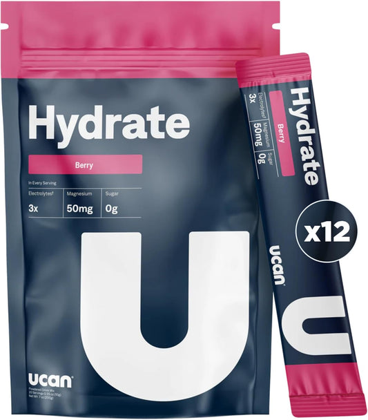 Berry UCAN Hydrate Electrolyte Drink Mix - 12 Stickpacks, Sugar-Free, Keto, Vegan, Non-GMO, Gluten-Free - Potassium & Magnesium for Runners & Athletes