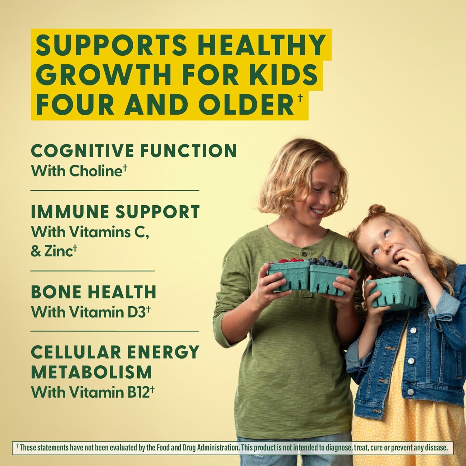 Berrylicious Kids Multivitamin Gummies - Immune & Brain Support - Ages 4+ - Vitamins C, D, Zinc, Choline - 60 Gummies